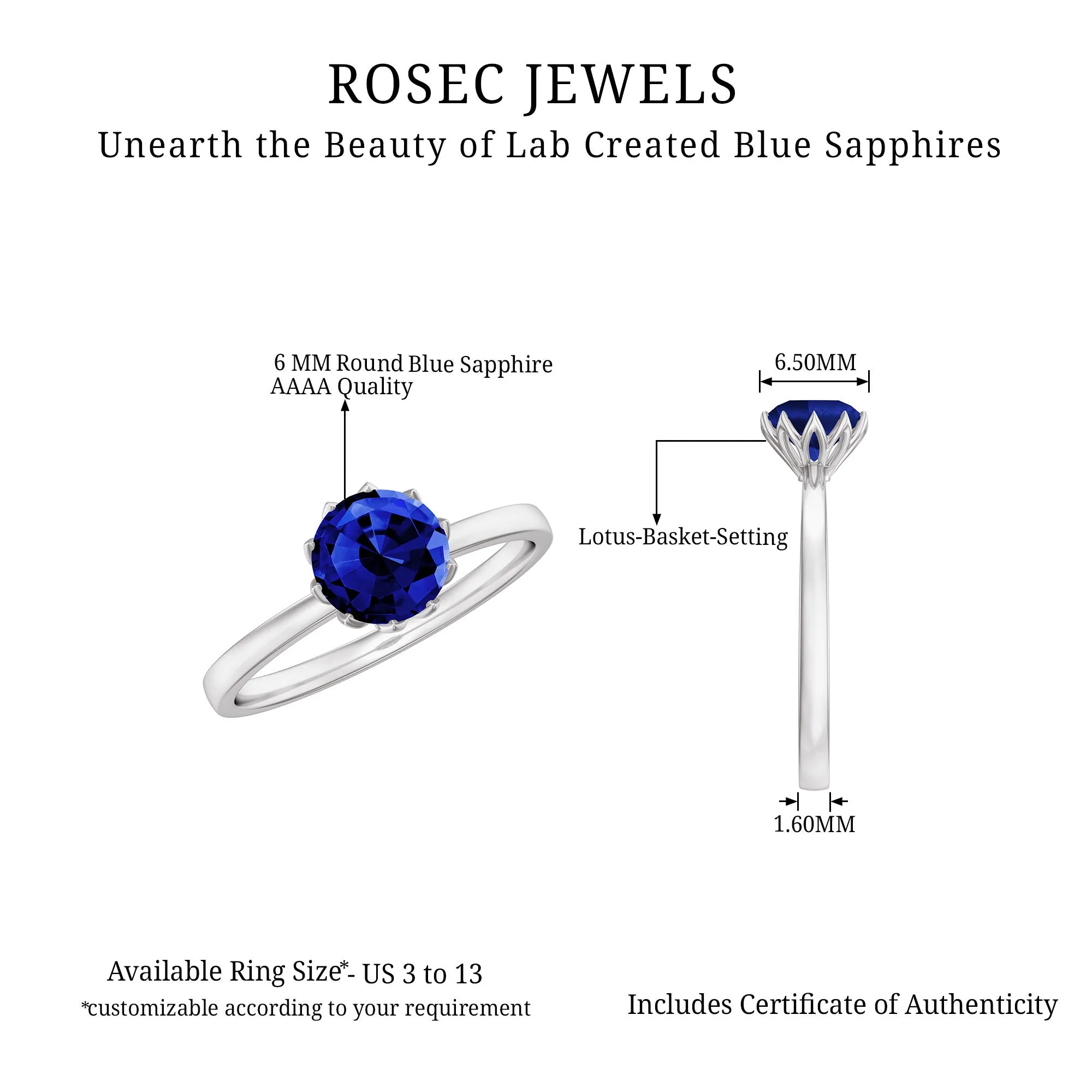 1 CT Lotus Basket Set Created Blue Sapphire Solitaire Ring