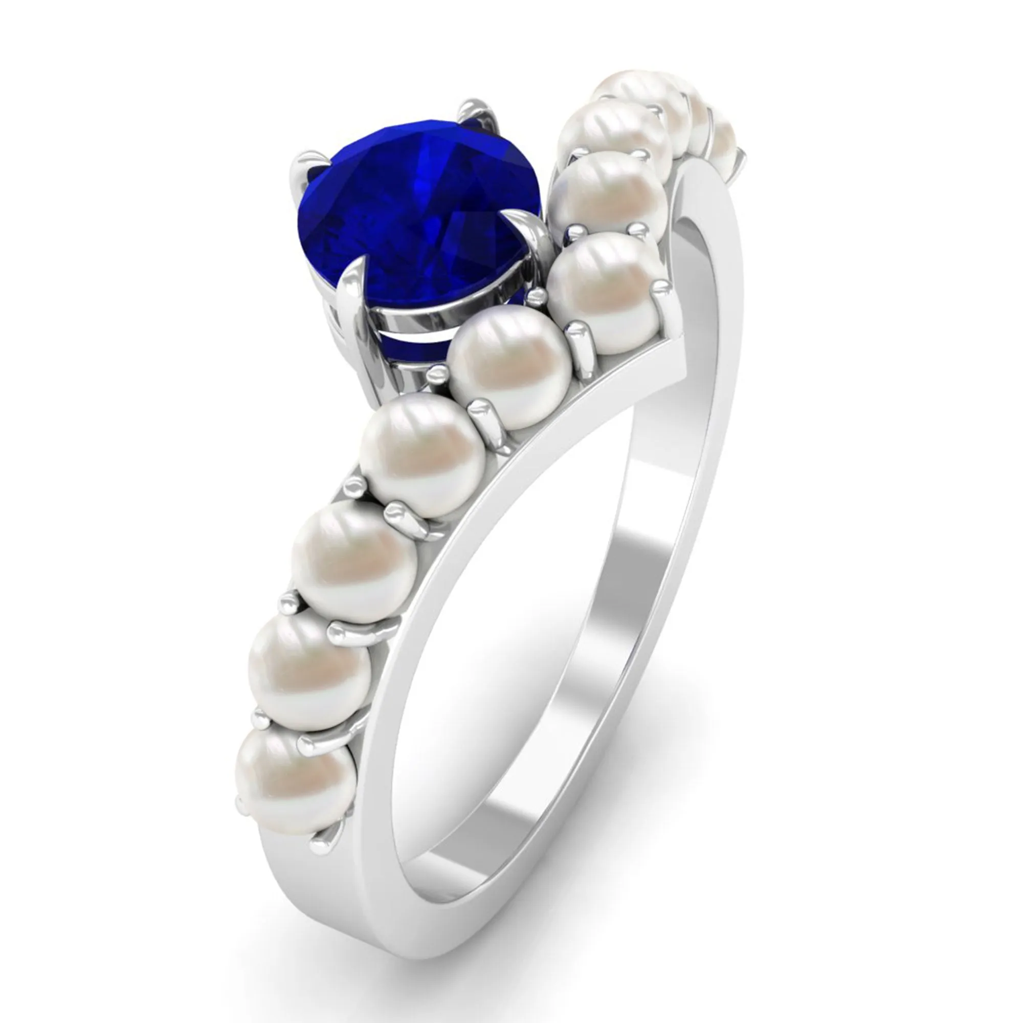 2 CT Solitaire Blue Sapphire and Freshwater Pearl Chevron Ring