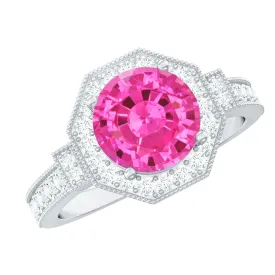 3.25 CT Created Pink Sapphire Vintage Inspired Engagement Ring with Diamond