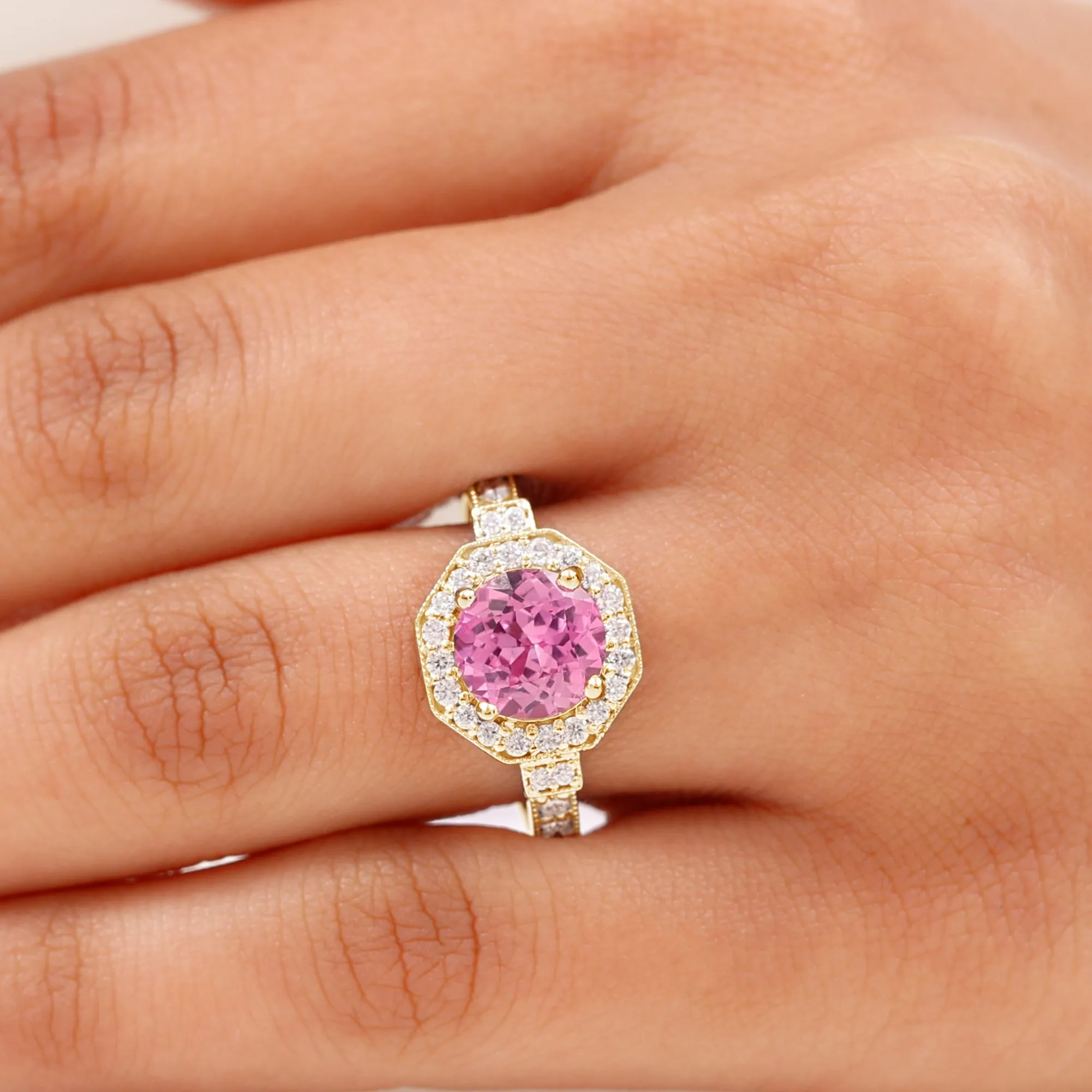 3.25 CT Created Pink Sapphire Vintage Inspired Engagement Ring with Diamond