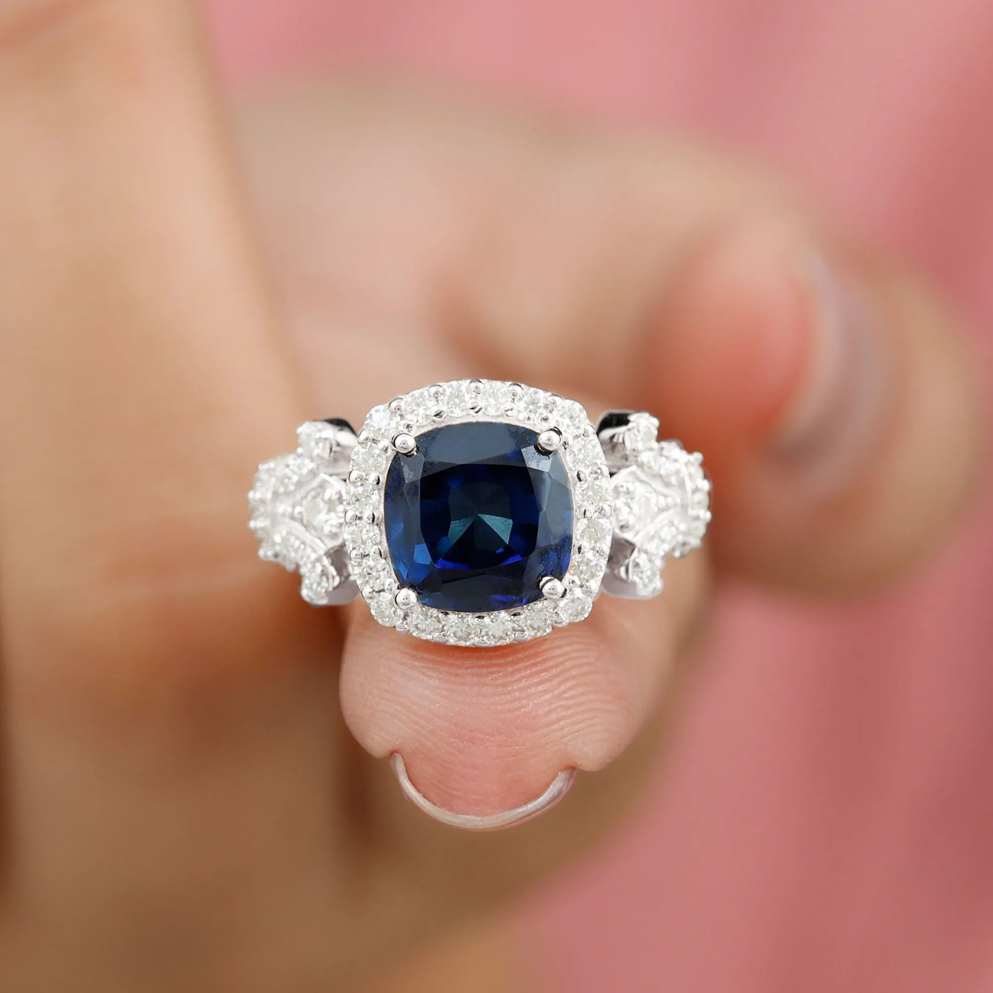 3.5 CT Cushion Cut Created Blue Sapphire Engagement Ring with Diamond Accent