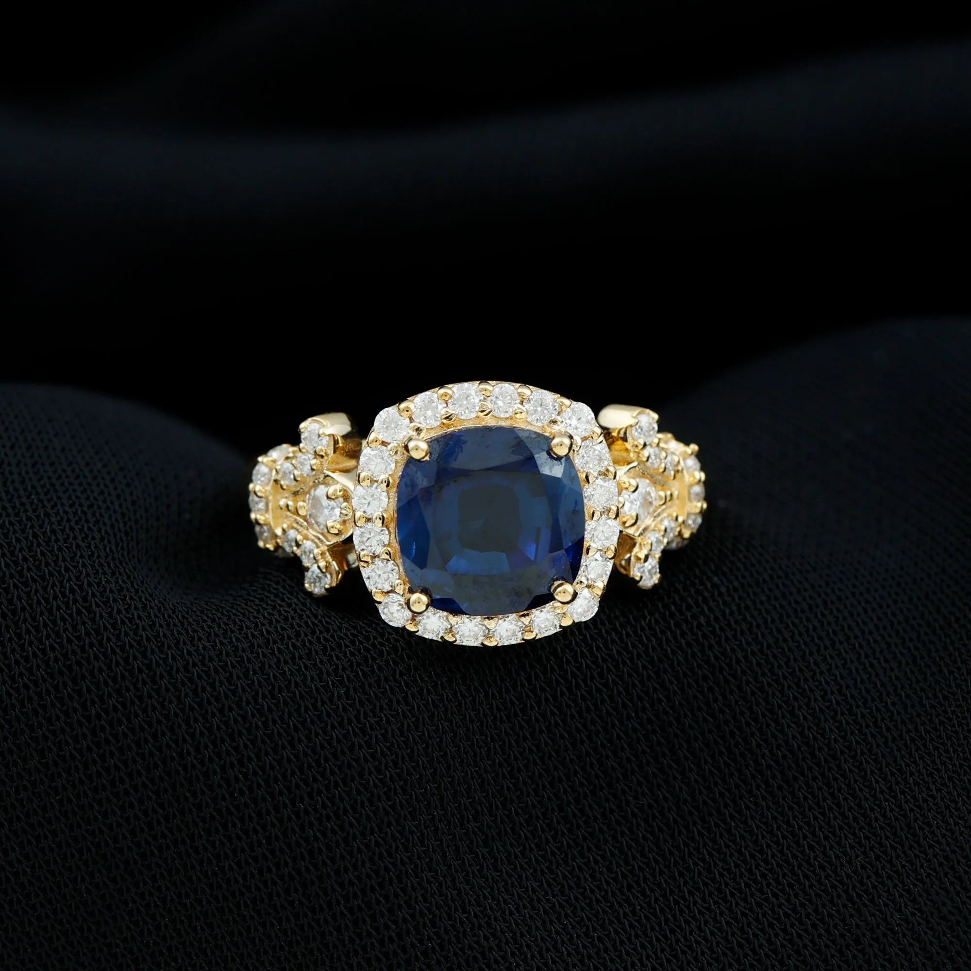 3.5 CT Cushion Cut Created Blue Sapphire Engagement Ring with Diamond Accent