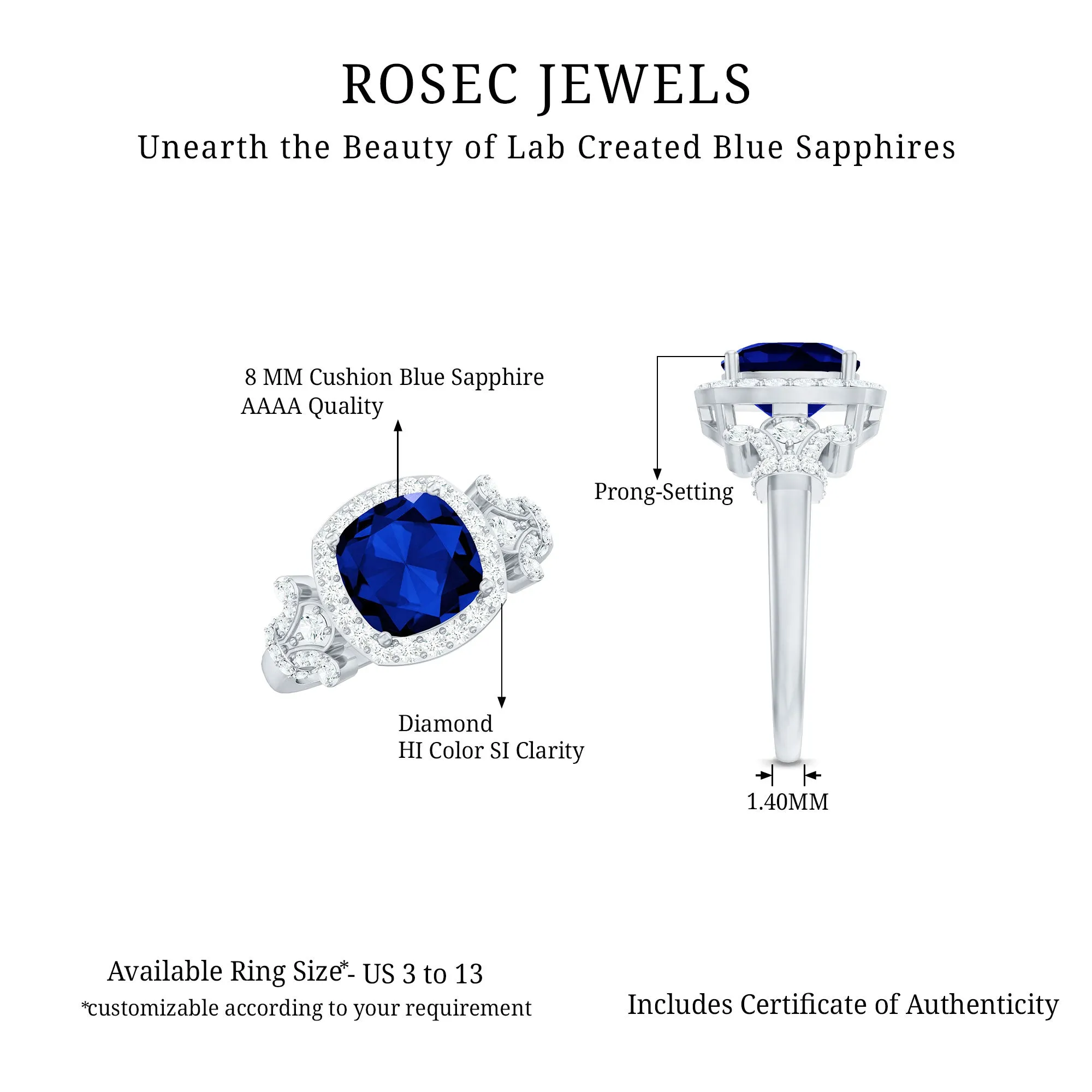 3.5 CT Cushion Cut Created Blue Sapphire Engagement Ring with Diamond Accent