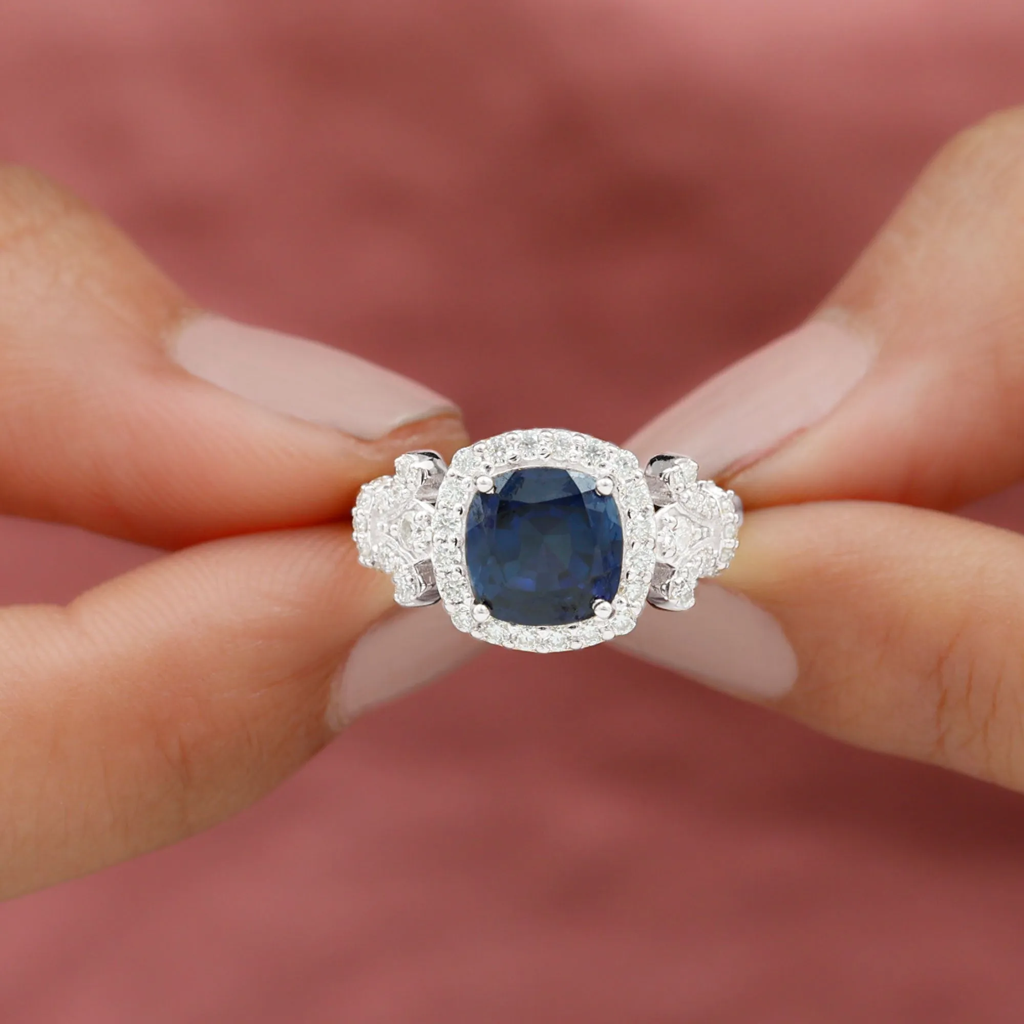 3.5 CT Cushion Cut Created Blue Sapphire Engagement Ring with Diamond Accent