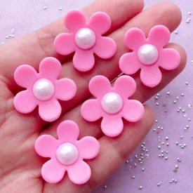 Acrylic Flower Beads with Pearl | Hair Bow Center | Fairy Kei Jewelry Making (Pastel Pink / 5 pcs / 23mm x 22mm)