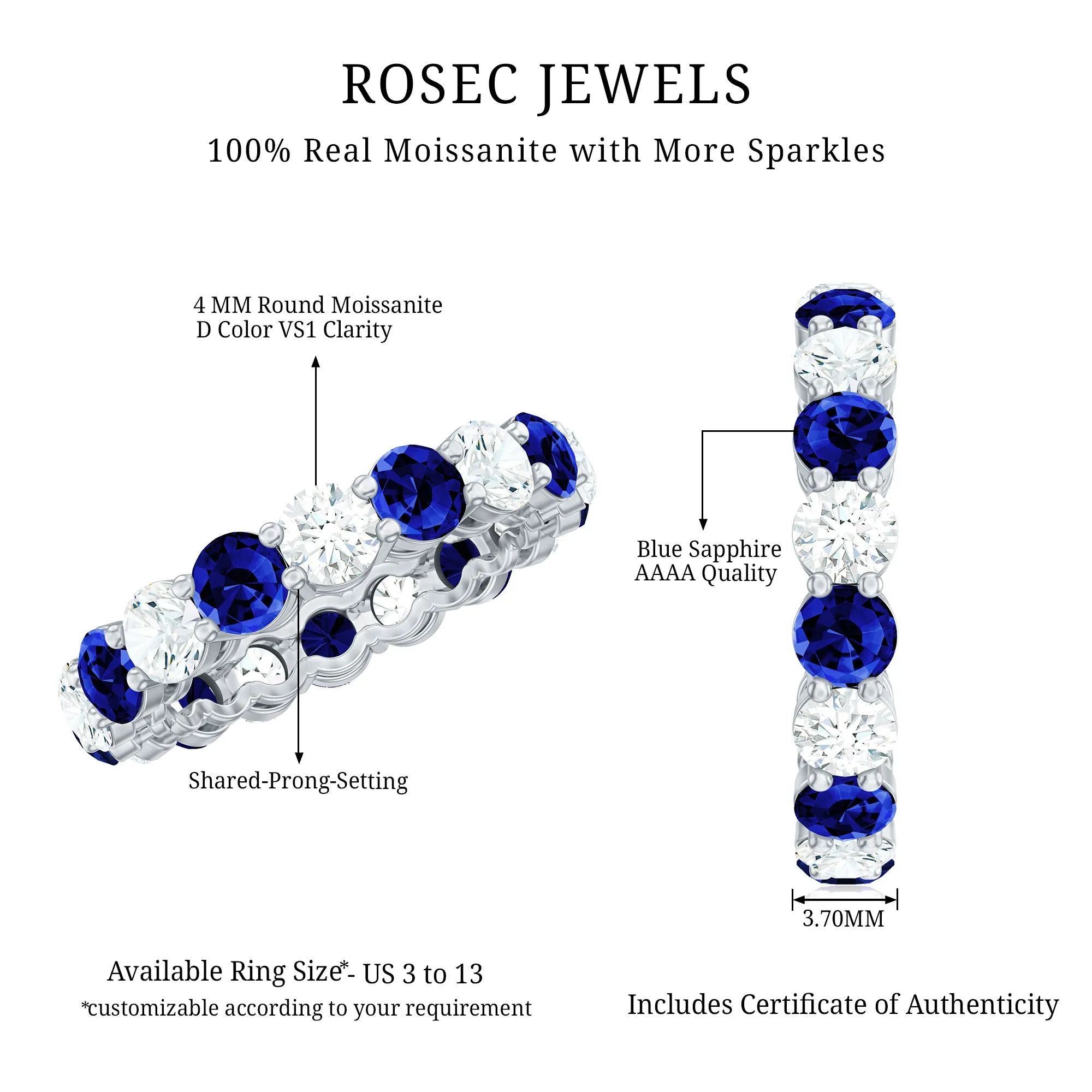 Alternating Created Blue Sapphire and Moissanite Eternity Ring