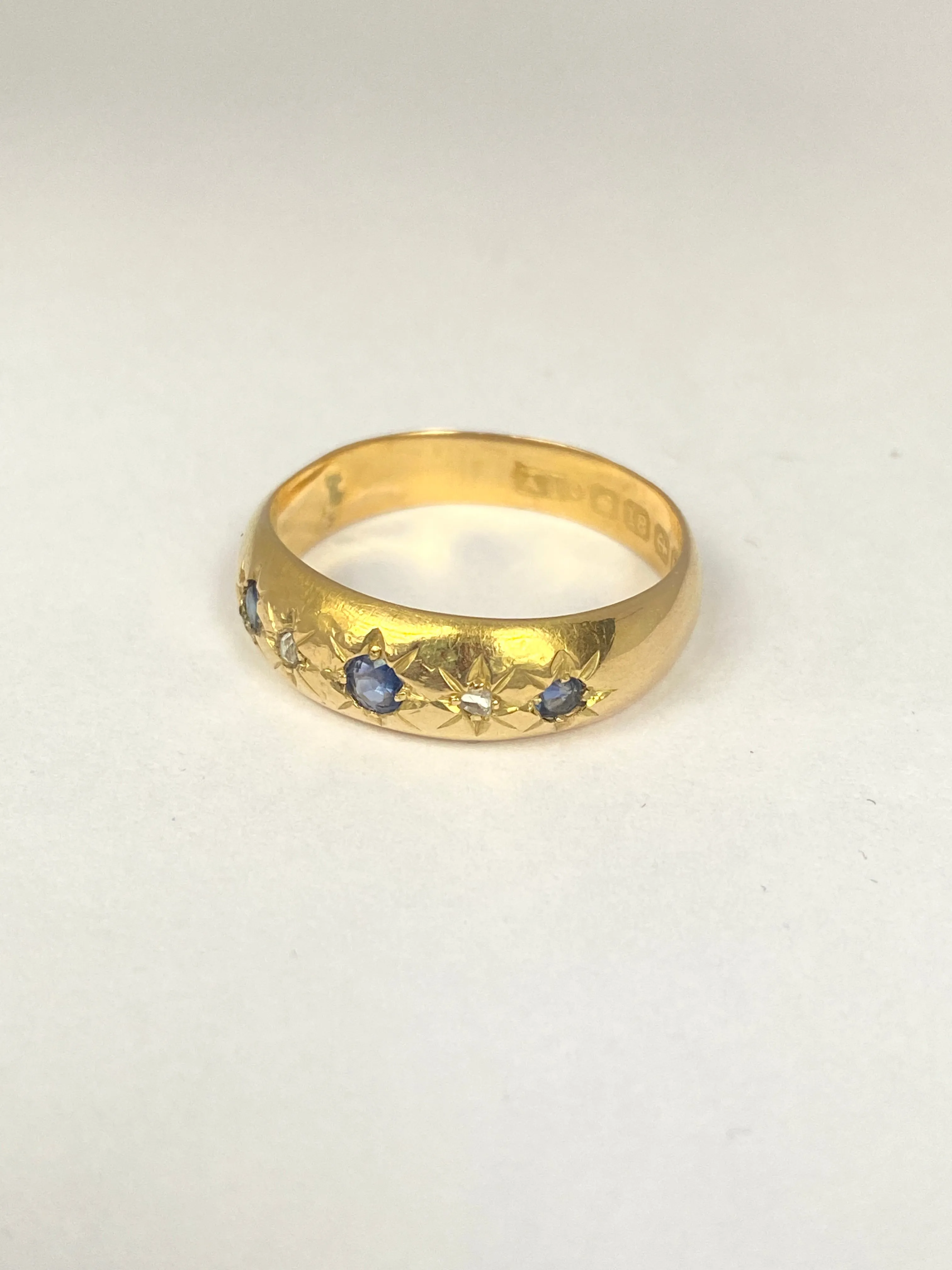 Antique Edwardian 18ct Gold Cornflower Sapphire and Diamond Gypsy Ring, Hallmarked Birmingham, 1902