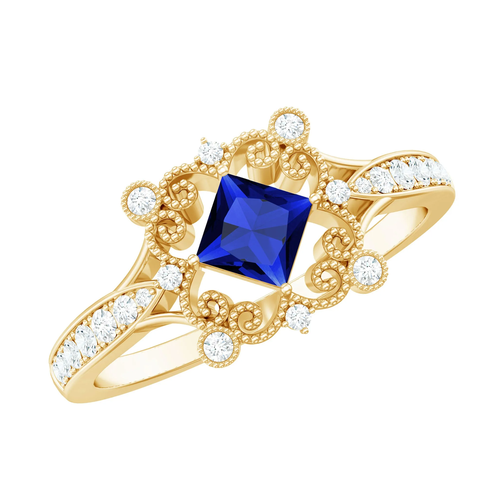 Antique Style Princess Cut Created Blue Sapphire and Diamond Engagement Ring