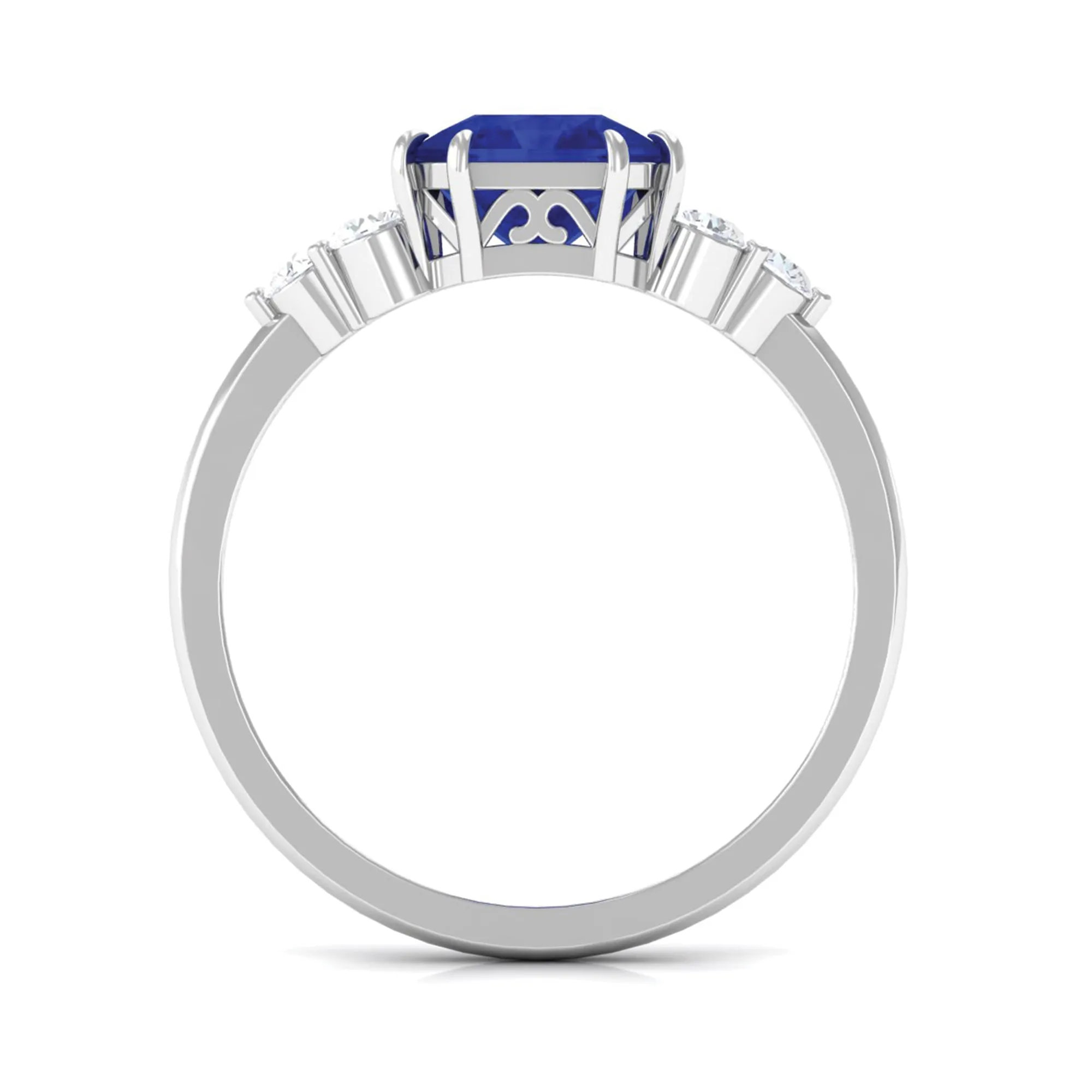 Asscher Cut Created Blue Sapphire Solitaire Engagement Ring with Diamond Trio