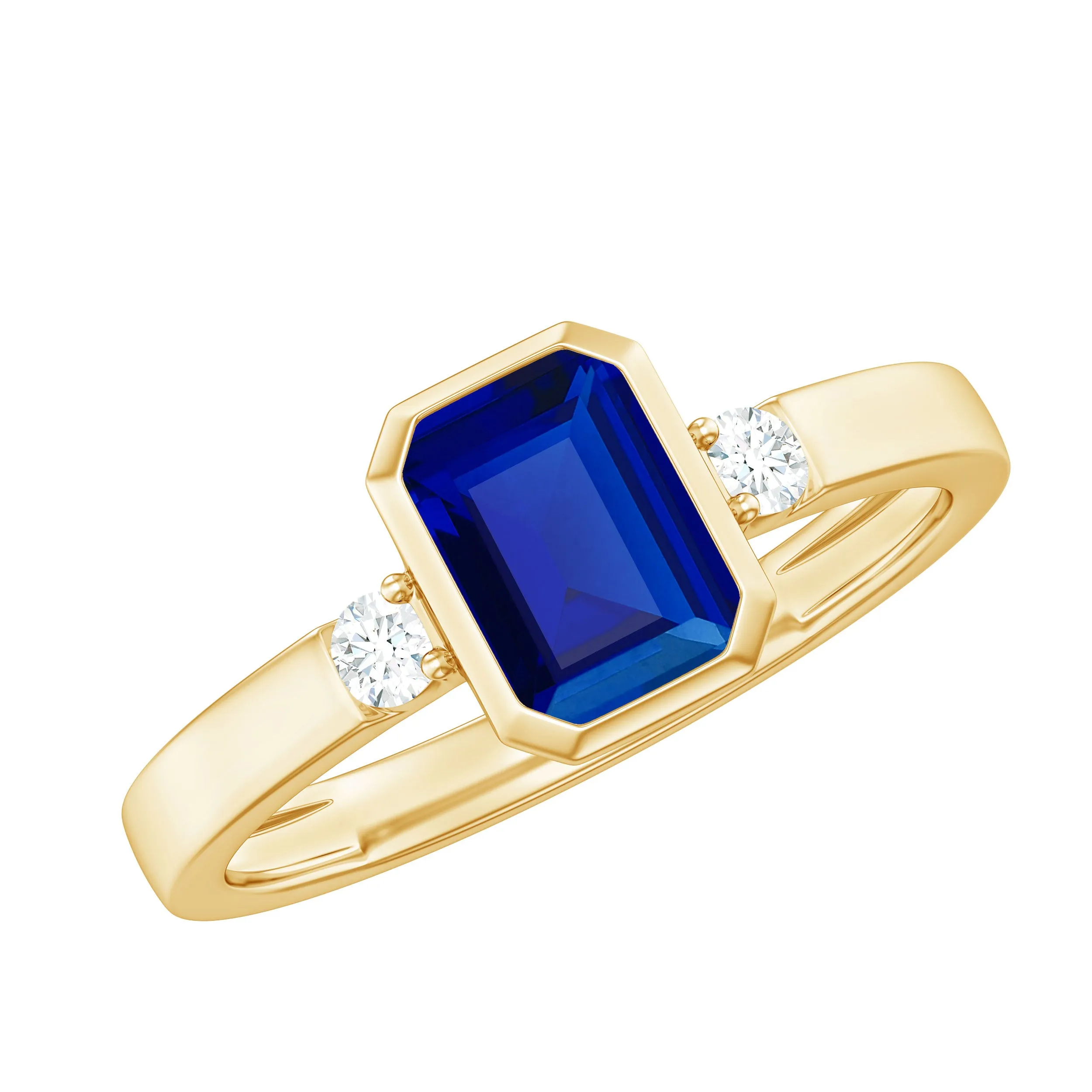 Bezel Set Octagon Cut Created Blue Sapphire Engagement Ring with Diamond