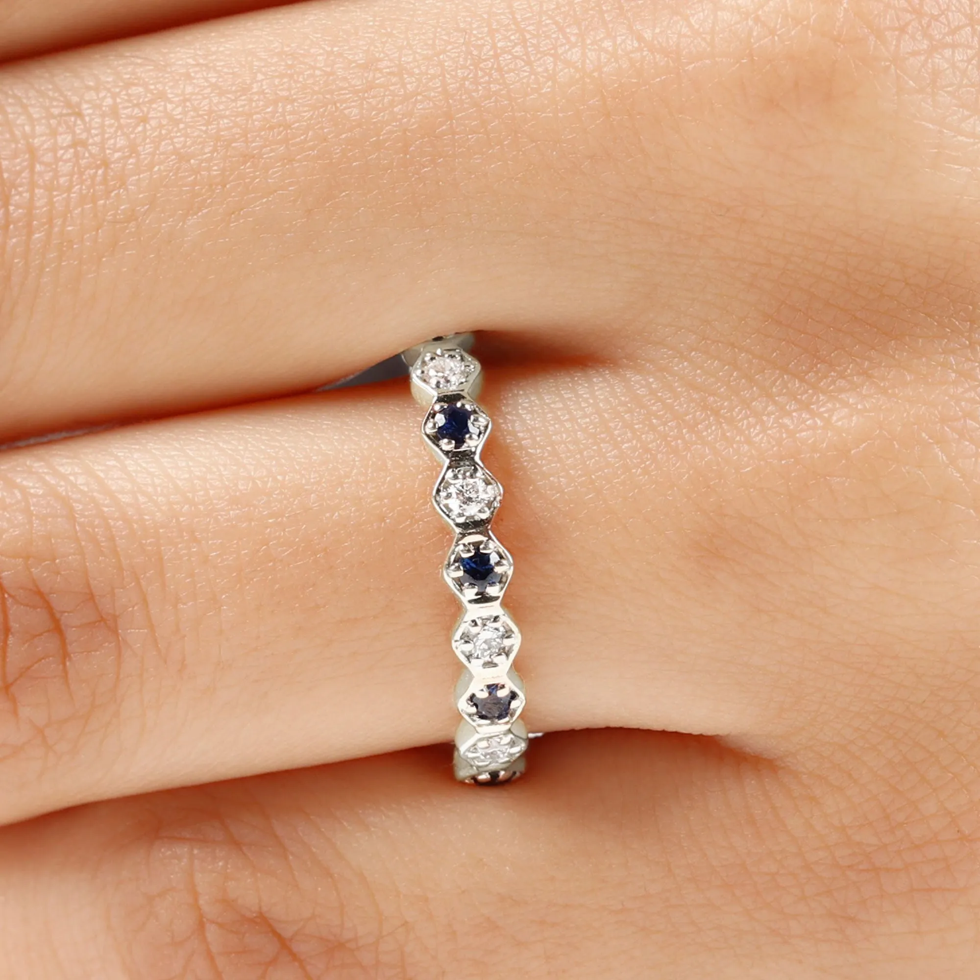 Blue Sapphire and Moissanite Geometric Stackable Ring