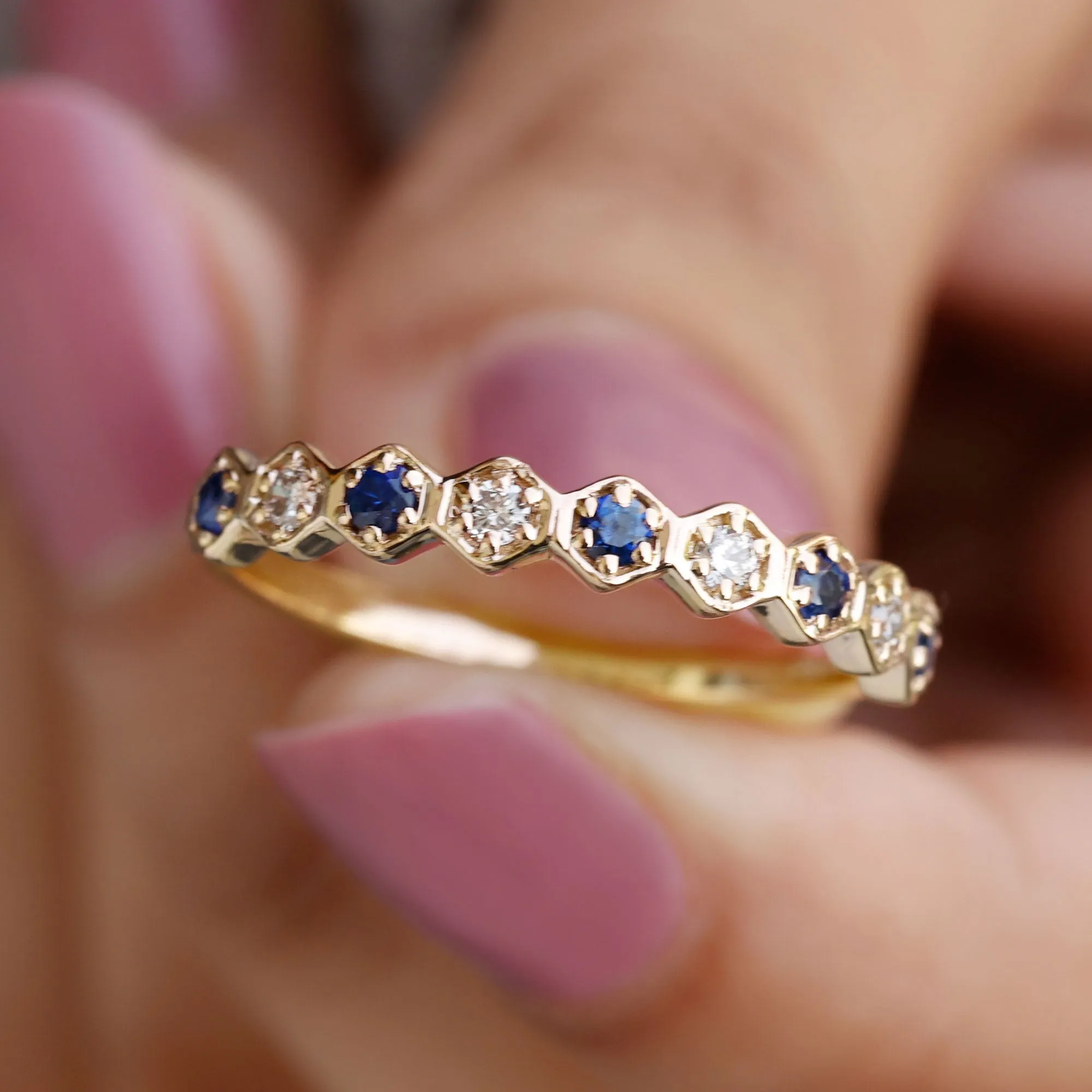 Blue Sapphire and Moissanite Geometric Stackable Ring