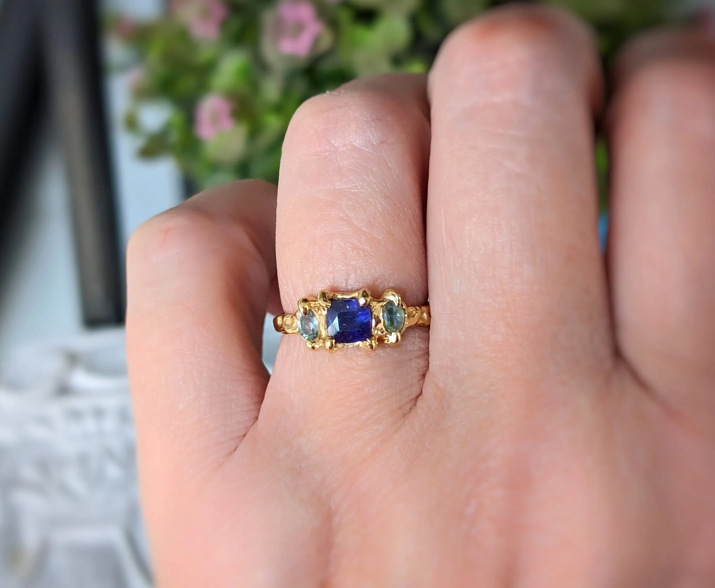 Blue Sapphire and Tourmaline engagement ring in Solid Sterling Silver