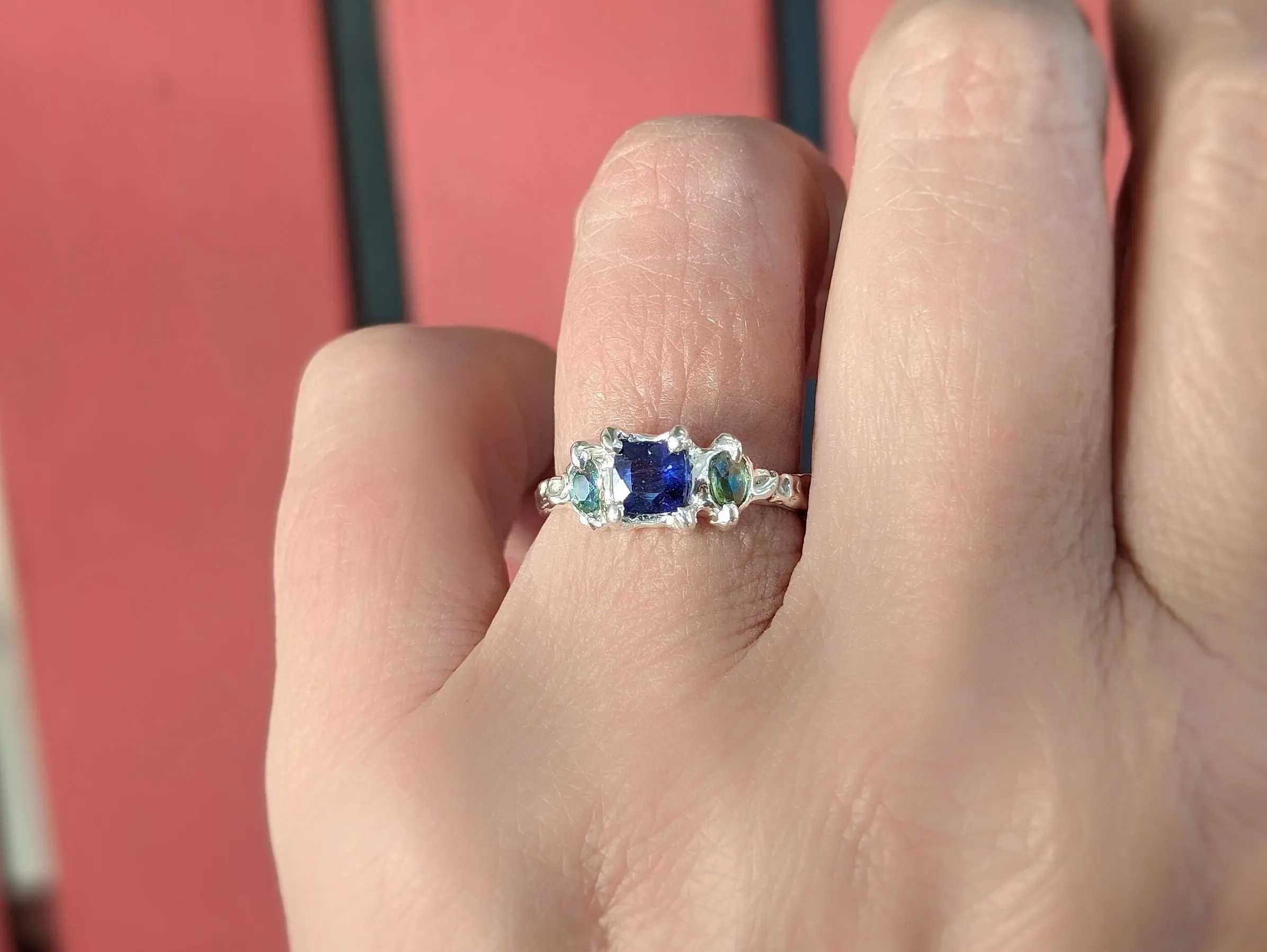 Blue Sapphire and Tourmaline engagement ring in Solid Sterling Silver