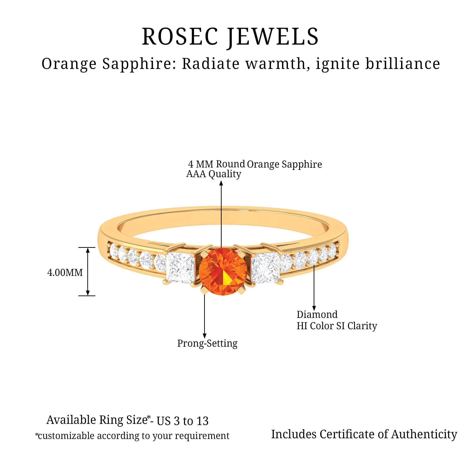 Classic Round Shape Orange Sapphire and Diamond Engagement Ring