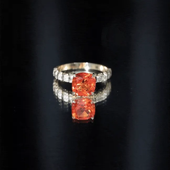 Cushion Cut Created Orange Sapphire Engagement Ring with Diamond