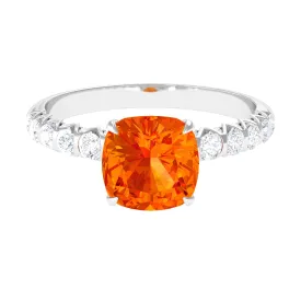 Cushion Cut Created Orange Sapphire Engagement Ring with Diamond