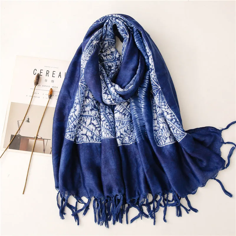 Dyed blue and white porcelain series cotton and linen scarf travel shawl literary accessories