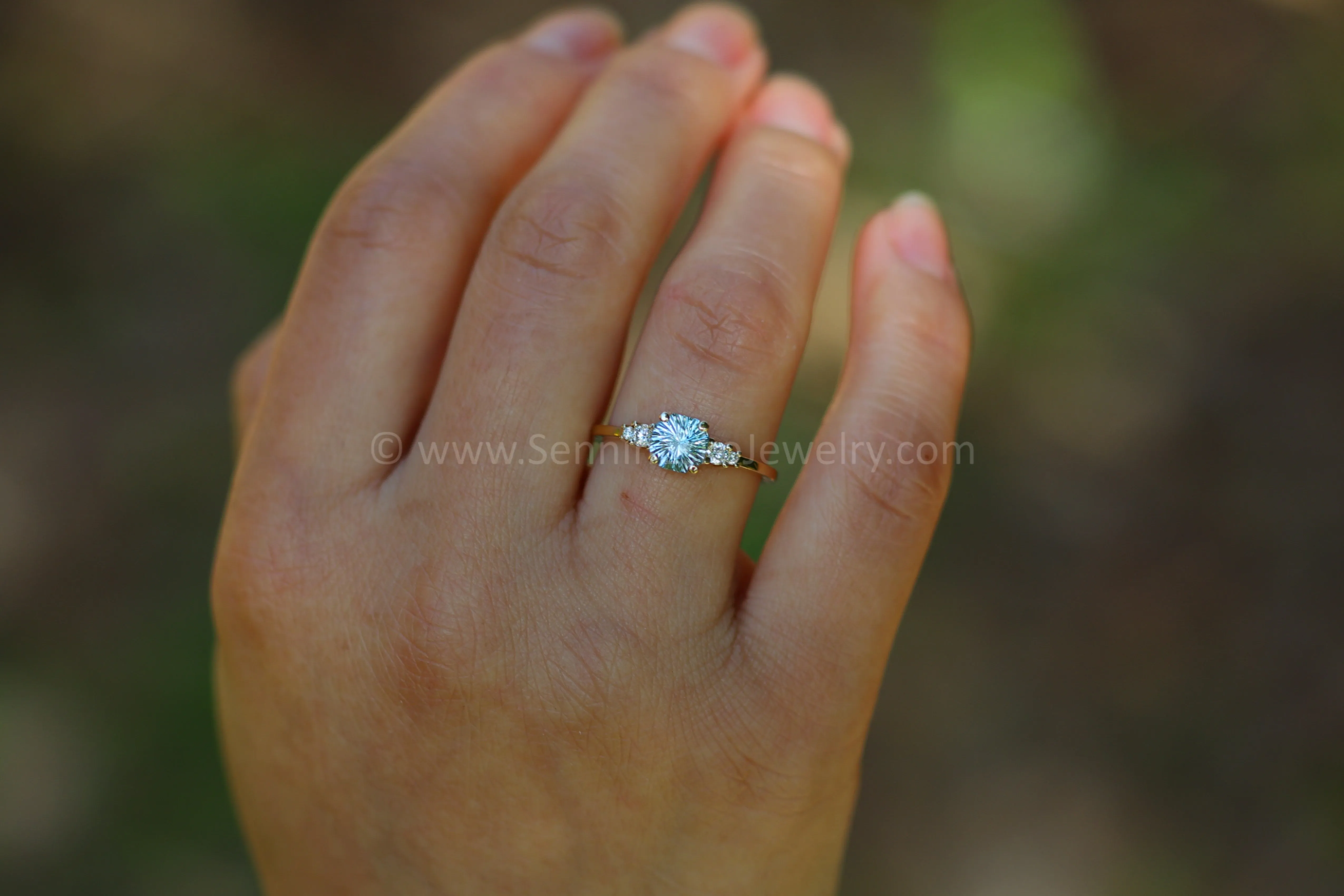 Five Stone Diamond Accented Multi Prong Setting - Depicted with a Sky Blue Montana Sapphire (Setting Only, Center Stone Sold Separately)