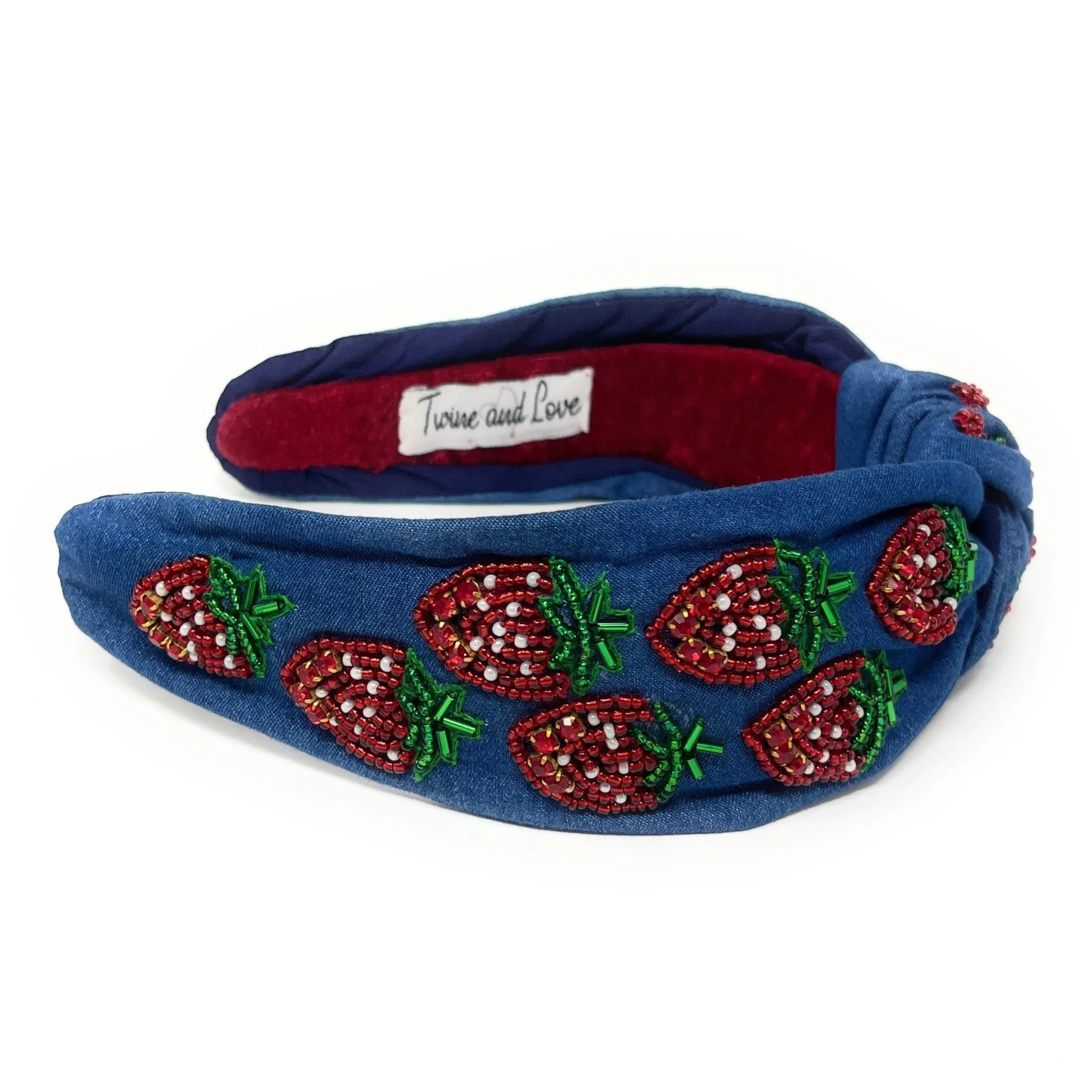 Hand Beaded Strawberry Denim Knot Headband