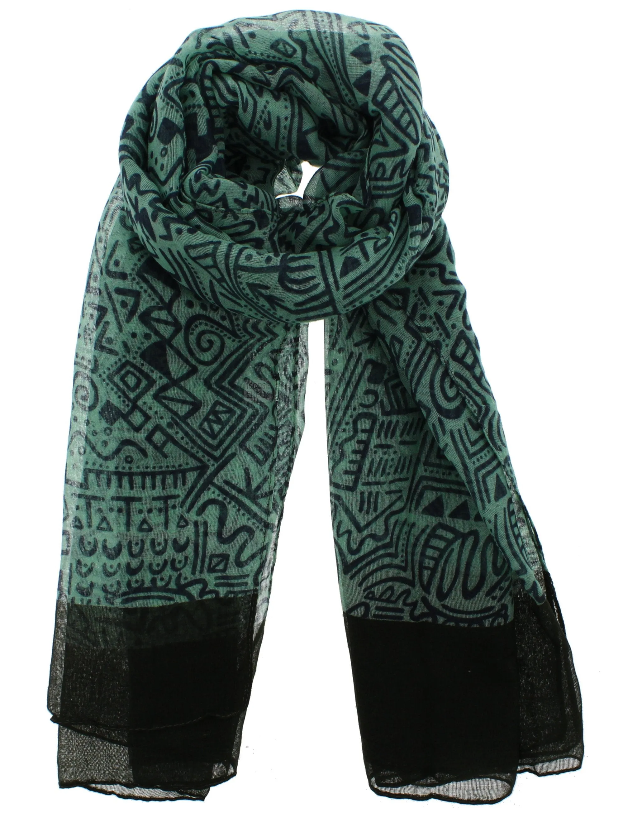 Hieroglyphic Print Scarf with Polka Dot Border