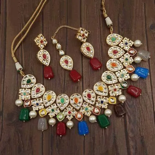 Inverted Drop Moti Stone Jadau Necklace Set