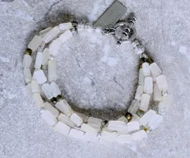 Ivory Glass Rectangles 4-Strand Bracelet with Golden Bronze Fire Polished Glass, and Sterling Silver Beads & Toggle Clasp