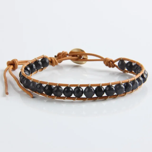 JINSE Leather Bracelet Men Women 1 Layer Natural Stone Bead Bracelets & Bangles Leather Beaded Bracelet With Real Leather Cord