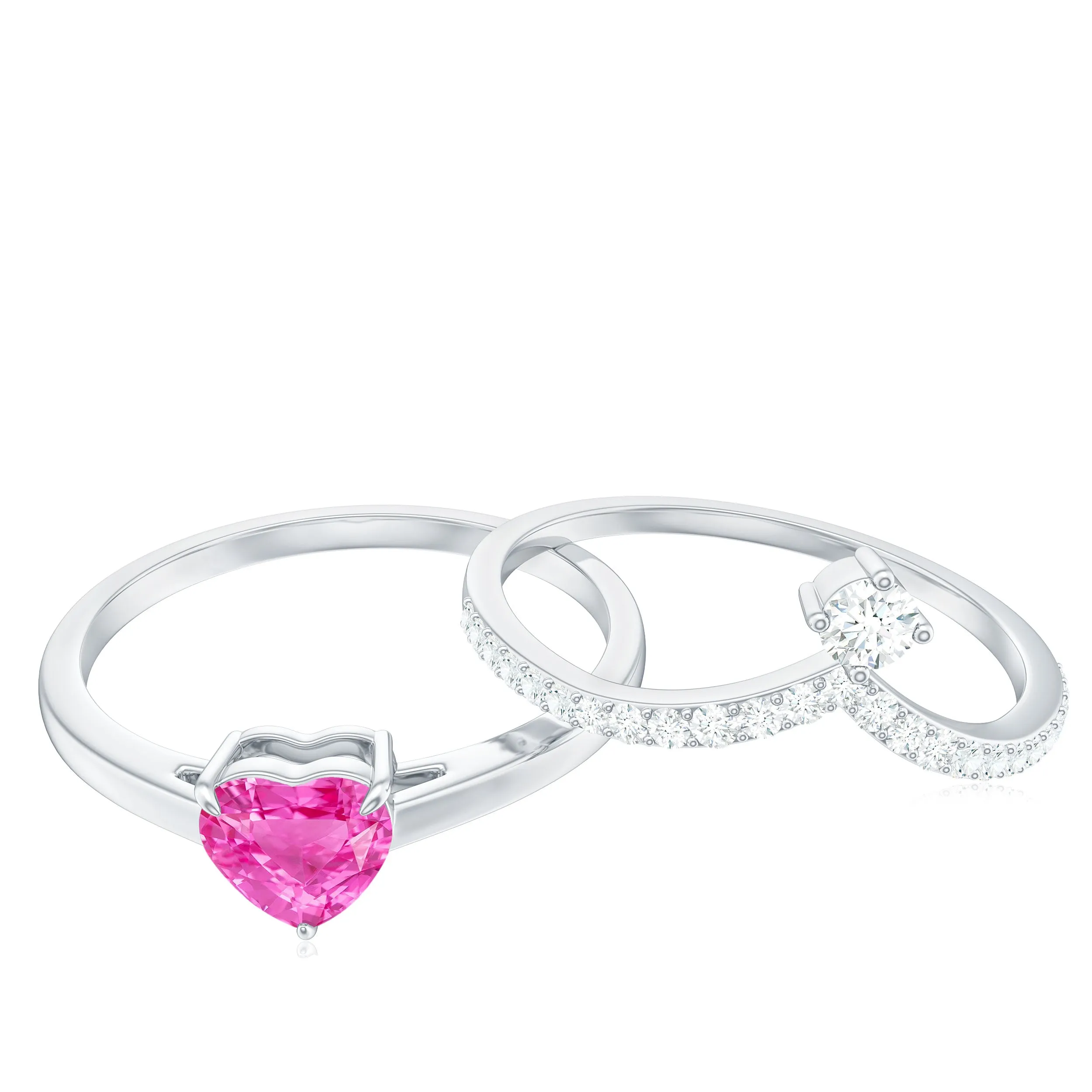 Lab-Created Pink Sapphire Heart Solitaire Ring Set with Diamond