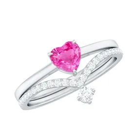 Lab-Created Pink Sapphire Heart Solitaire Ring Set with Diamond