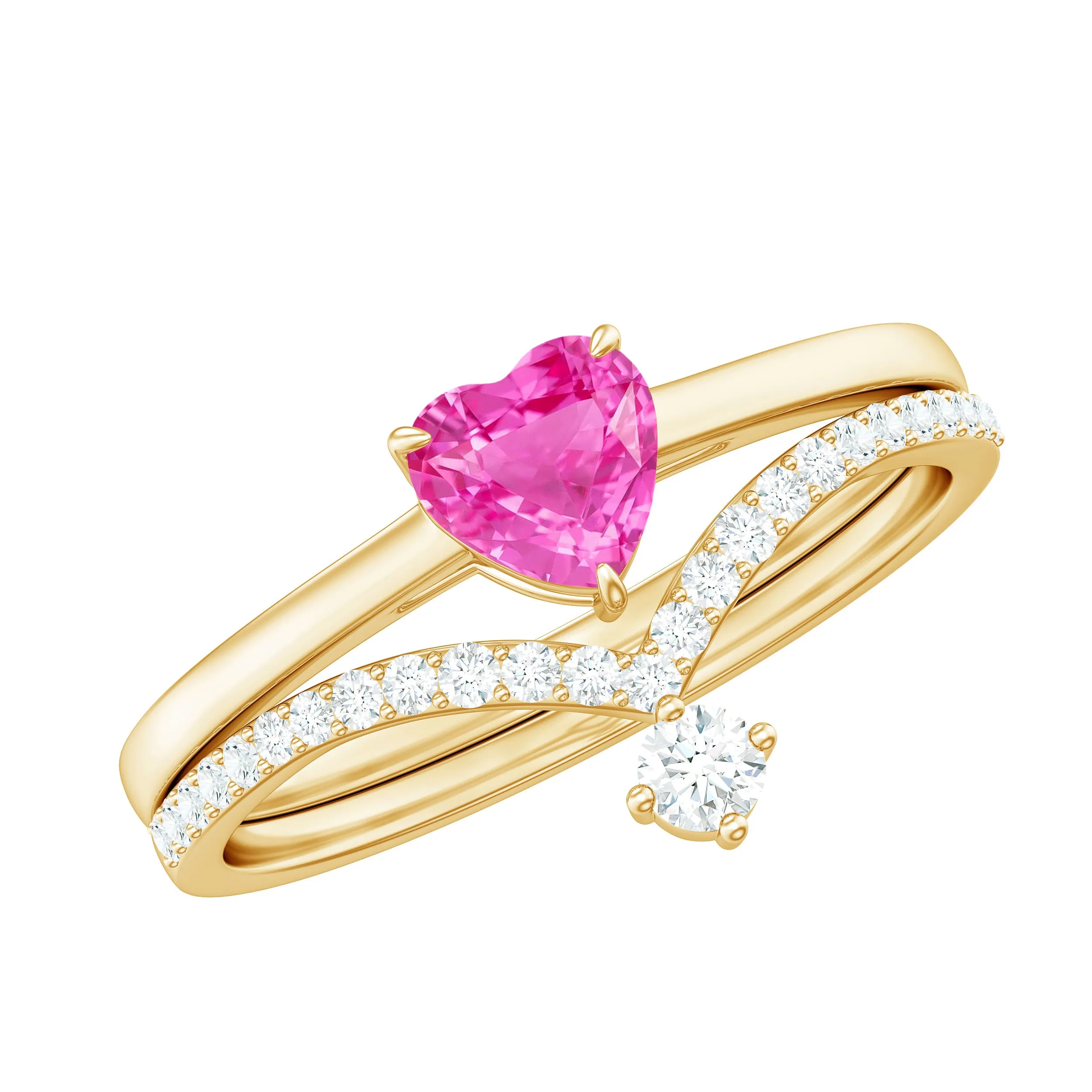 Lab-Created Pink Sapphire Heart Solitaire Ring Set with Diamond