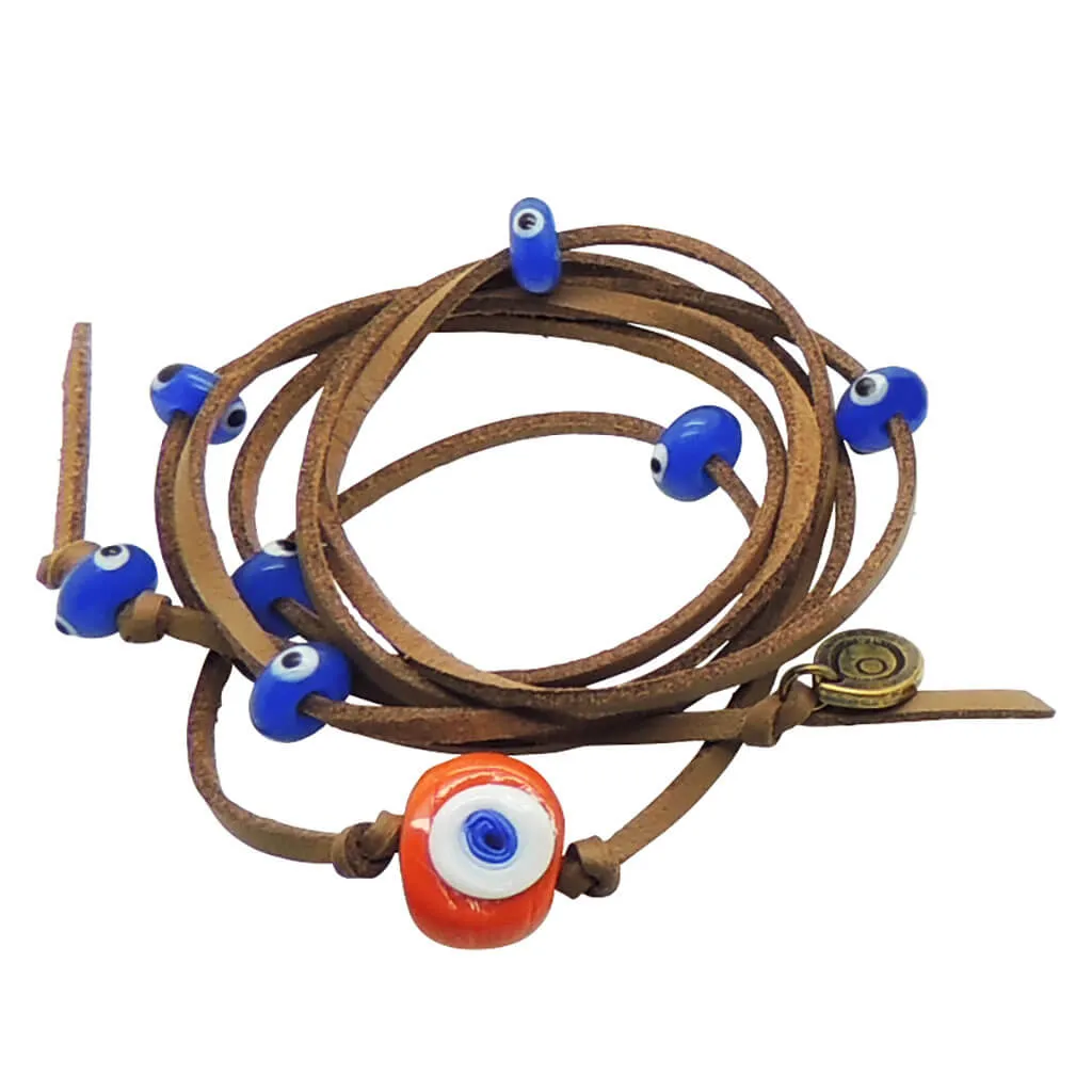 Multicolour Glass Evil Eye Nugget Leatherette Cord Wrap Bracelet