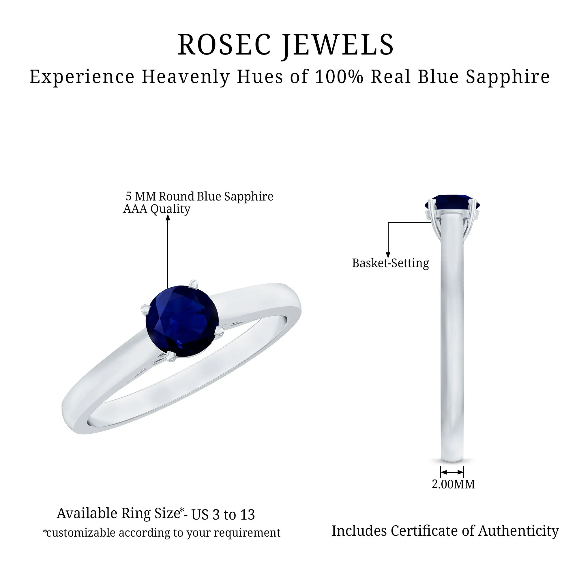 Natural Blue Sapphire Solitaire Ring in Basket Setting