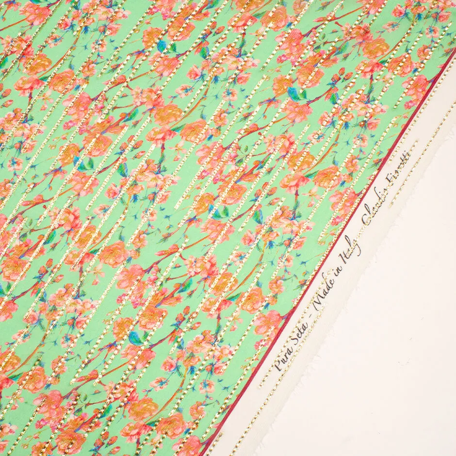 Orange/Pink Floral Printed Green Metallic Silk Georgette (A 2.10m Piece)