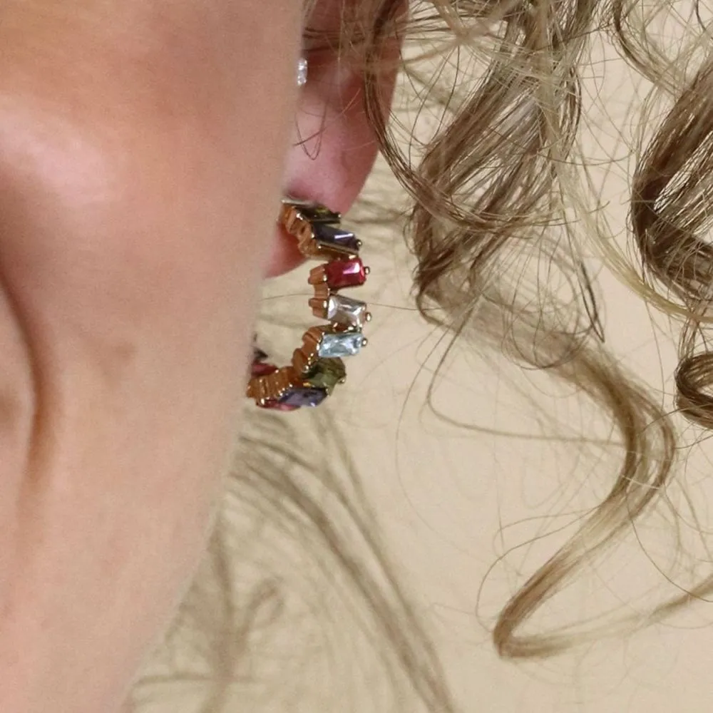 POM Golden Staggered Multicoloured Crystal Hoop Earrings