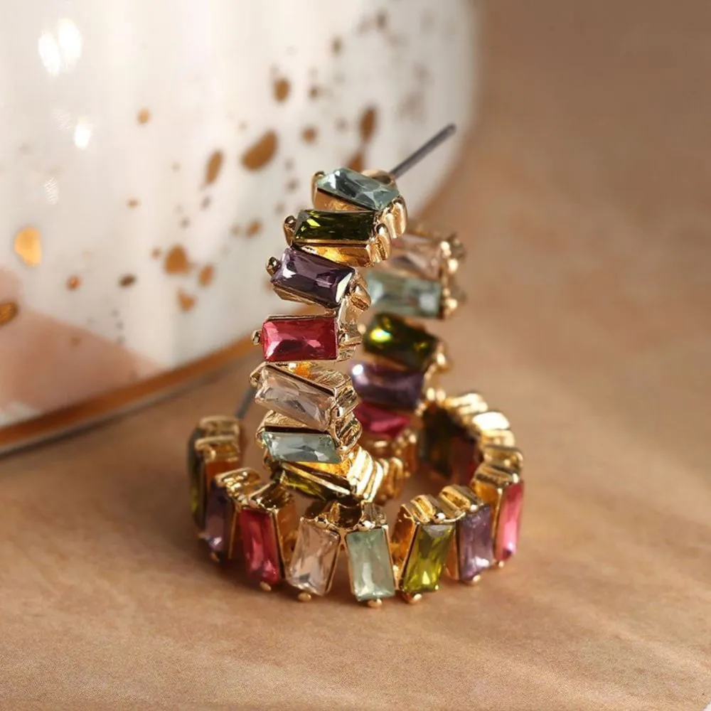 POM Golden Staggered Multicoloured Crystal Hoop Earrings