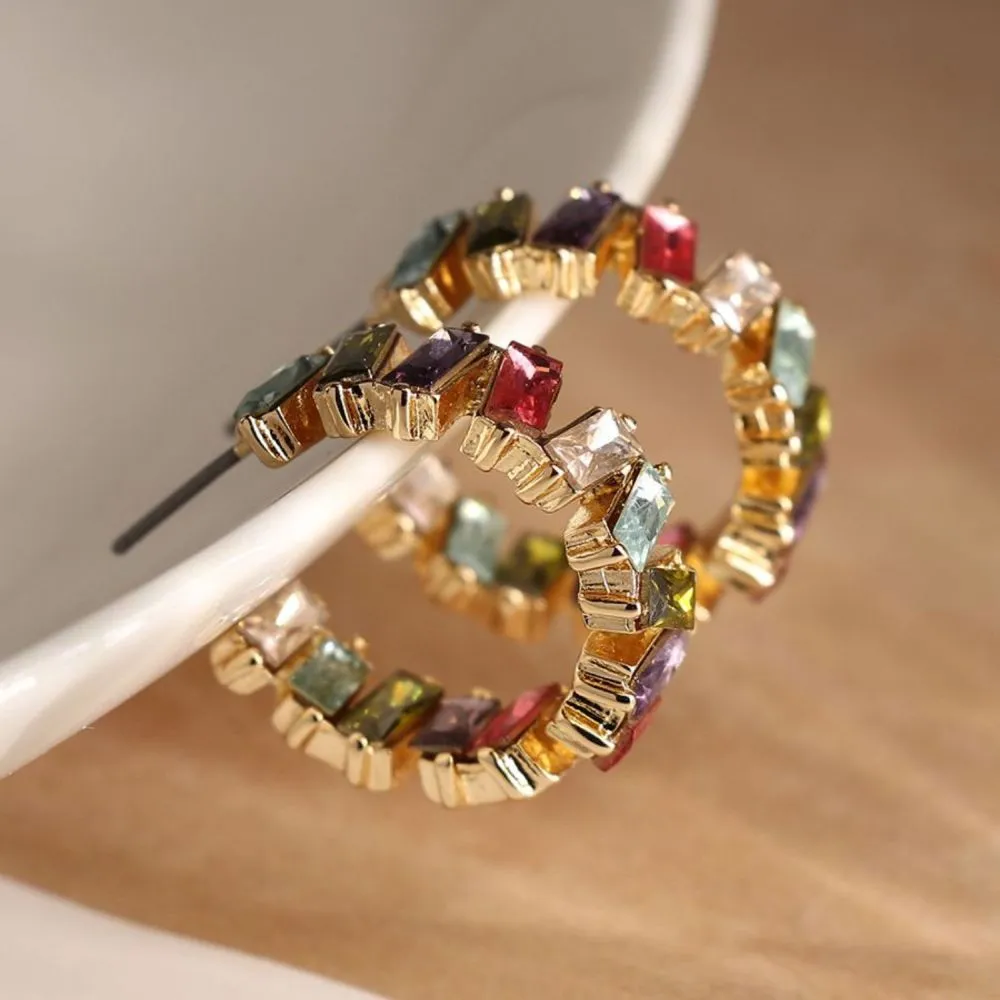 POM Golden Staggered Multicoloured Crystal Hoop Earrings