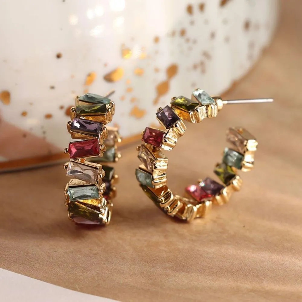 POM Golden Staggered Multicoloured Crystal Hoop Earrings