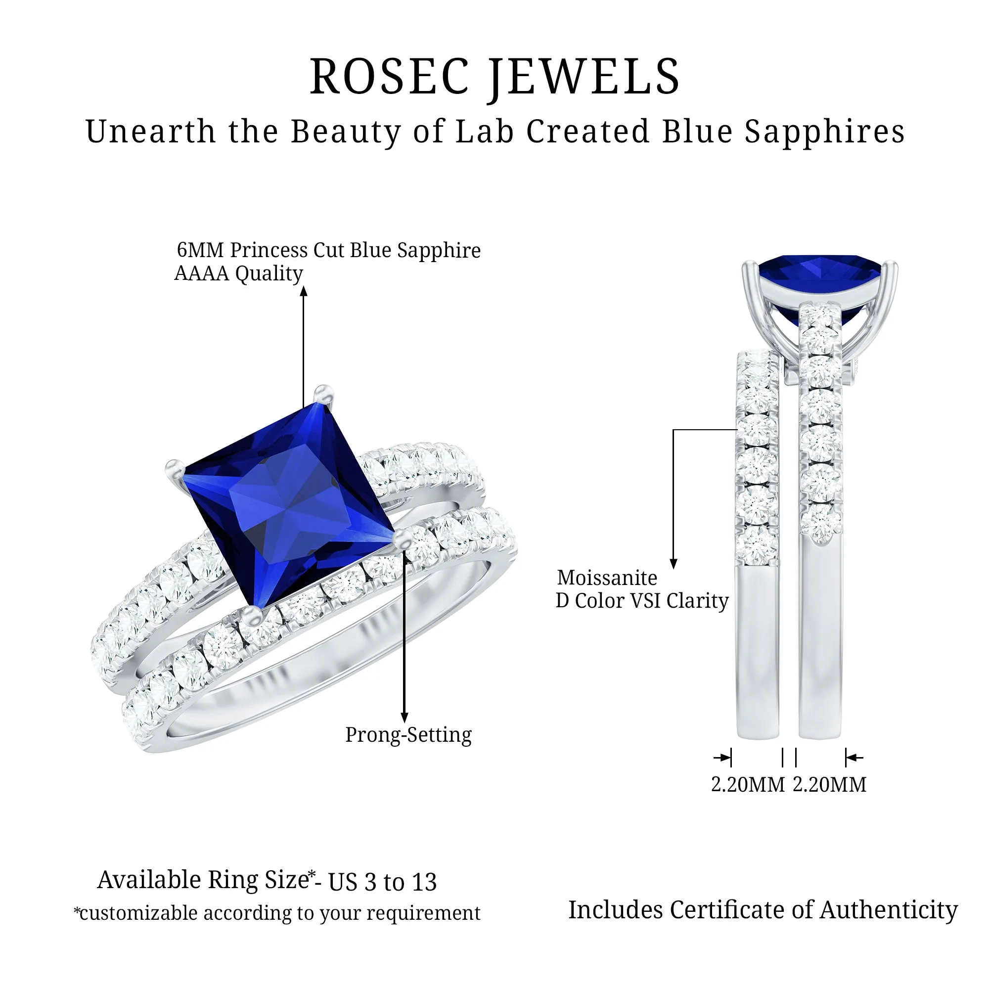 Princess Cut Lab Grown Blue Sapphire Solitaire Ring Set with Moissanite