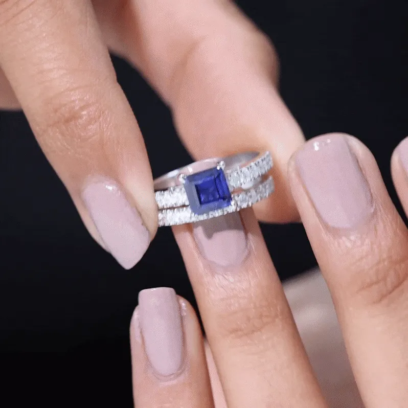 Princess Cut Lab Grown Blue Sapphire Solitaire Ring Set with Moissanite