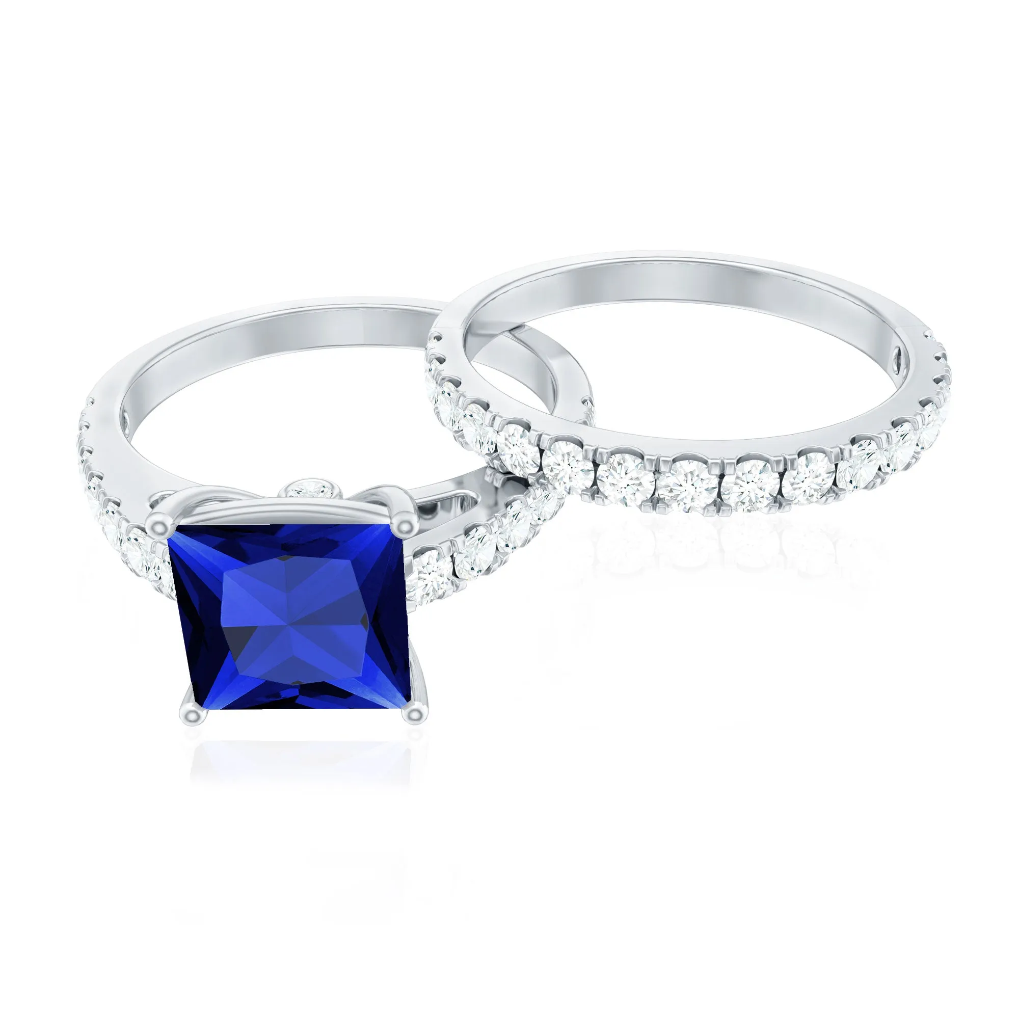 Princess Cut Lab Grown Blue Sapphire Solitaire Ring Set with Moissanite