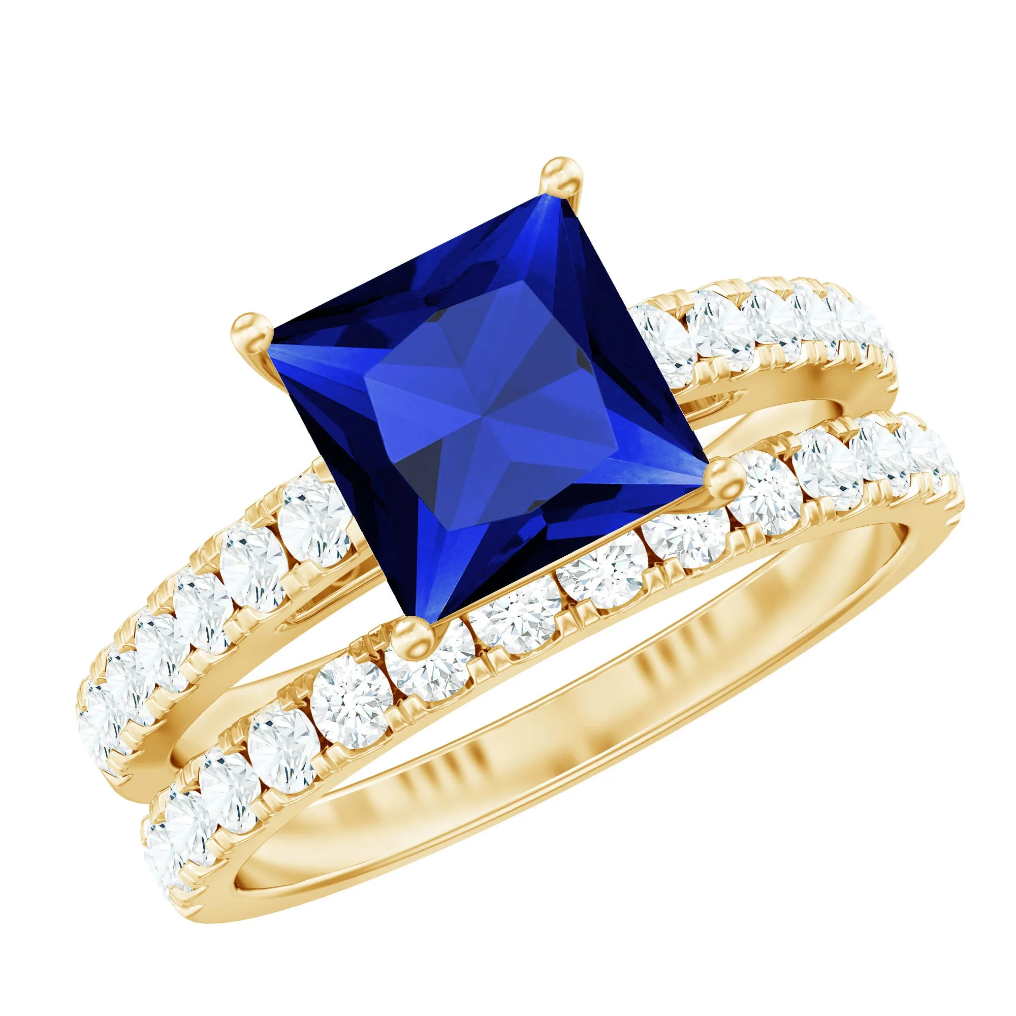 Princess Cut Lab Grown Blue Sapphire Solitaire Ring Set with Moissanite