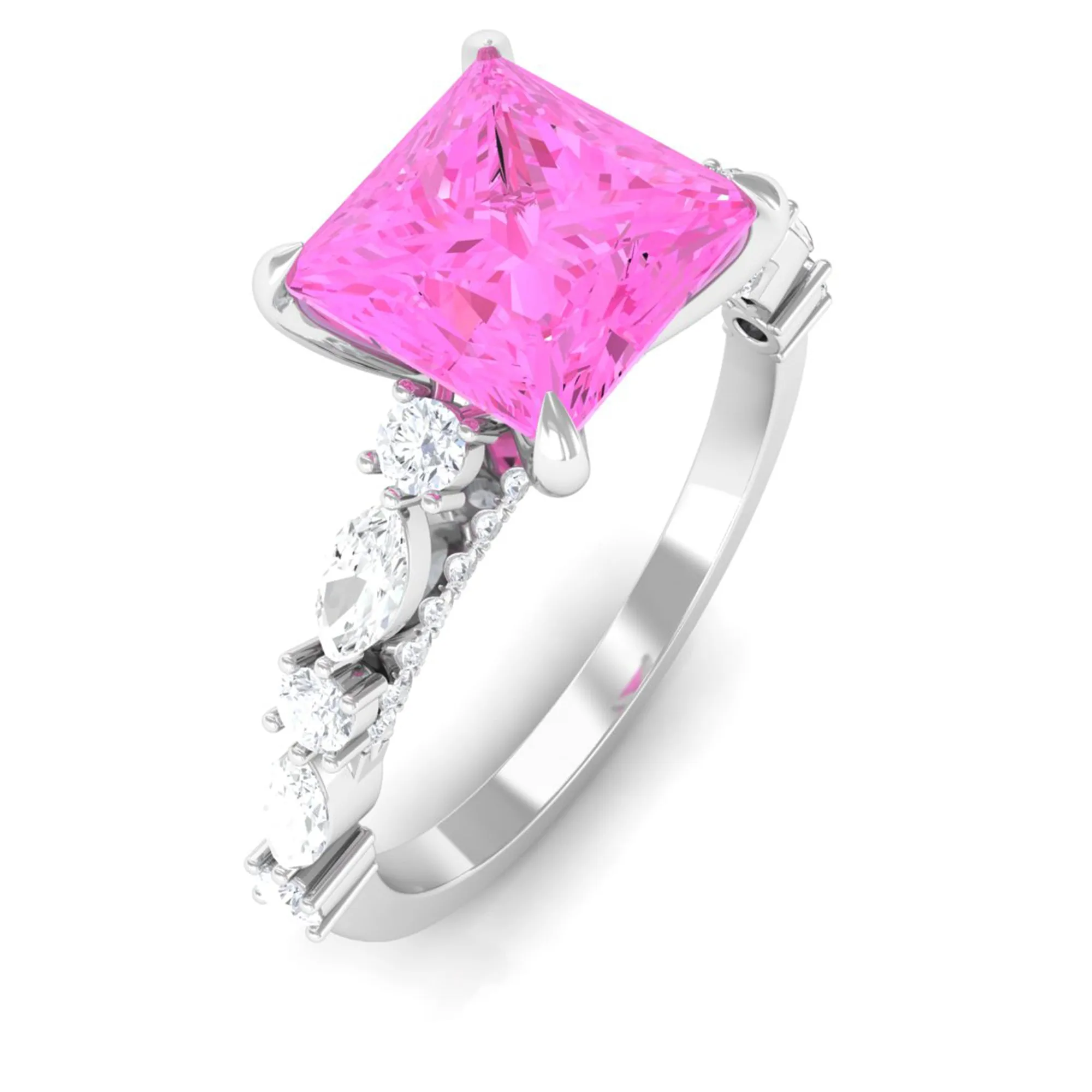 Princess Cut Lab Grown Pink Sapphire Engagement Ring with Moissanite