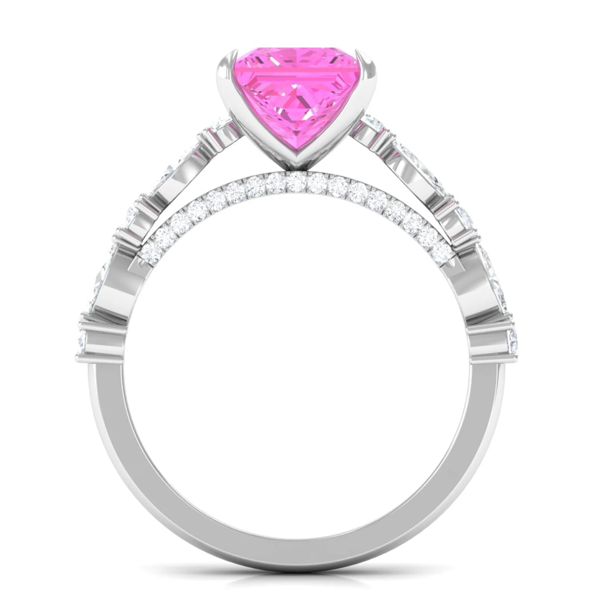 Princess Cut Lab Grown Pink Sapphire Engagement Ring with Moissanite