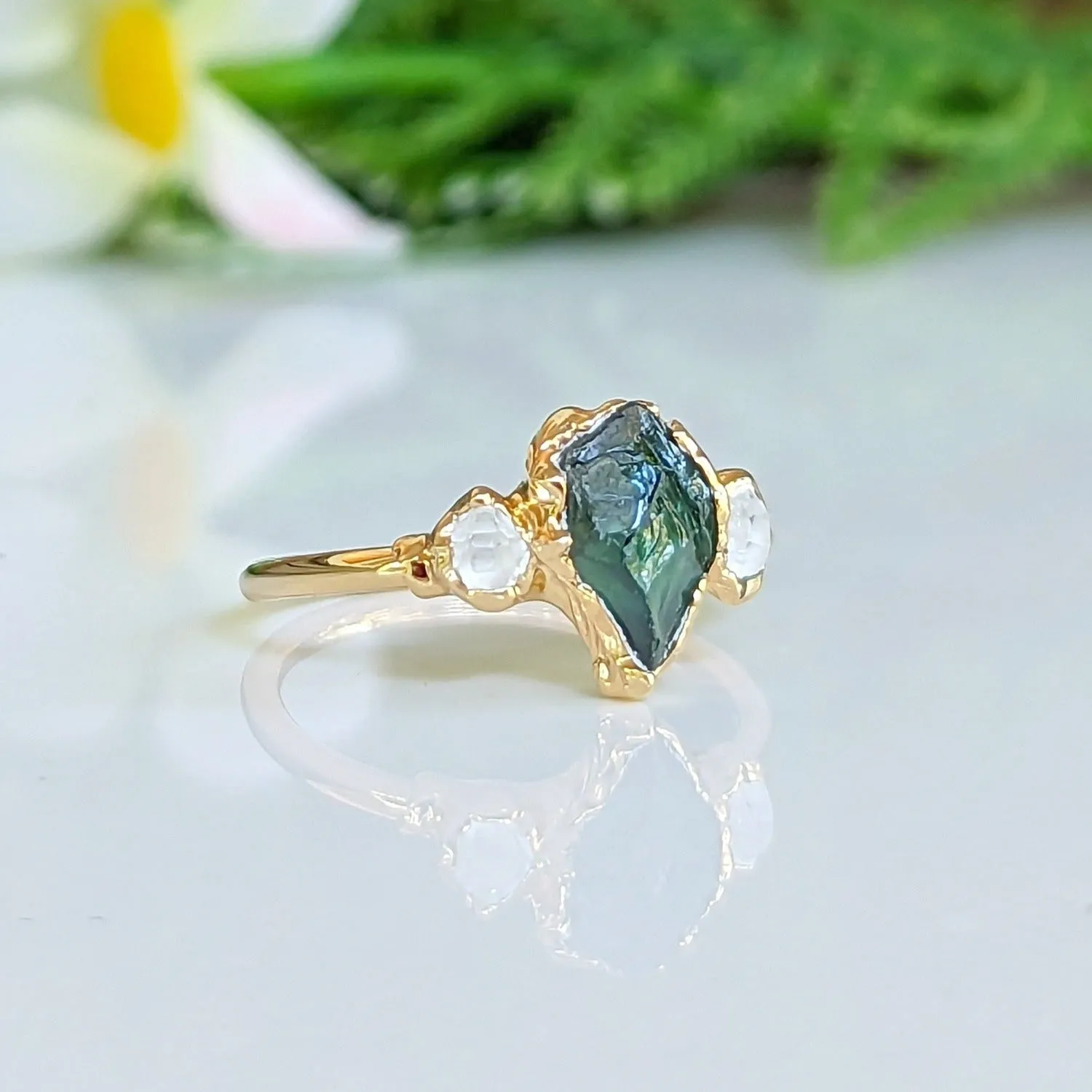 Raw green Sapphire & Herkimer diamond engagement ring