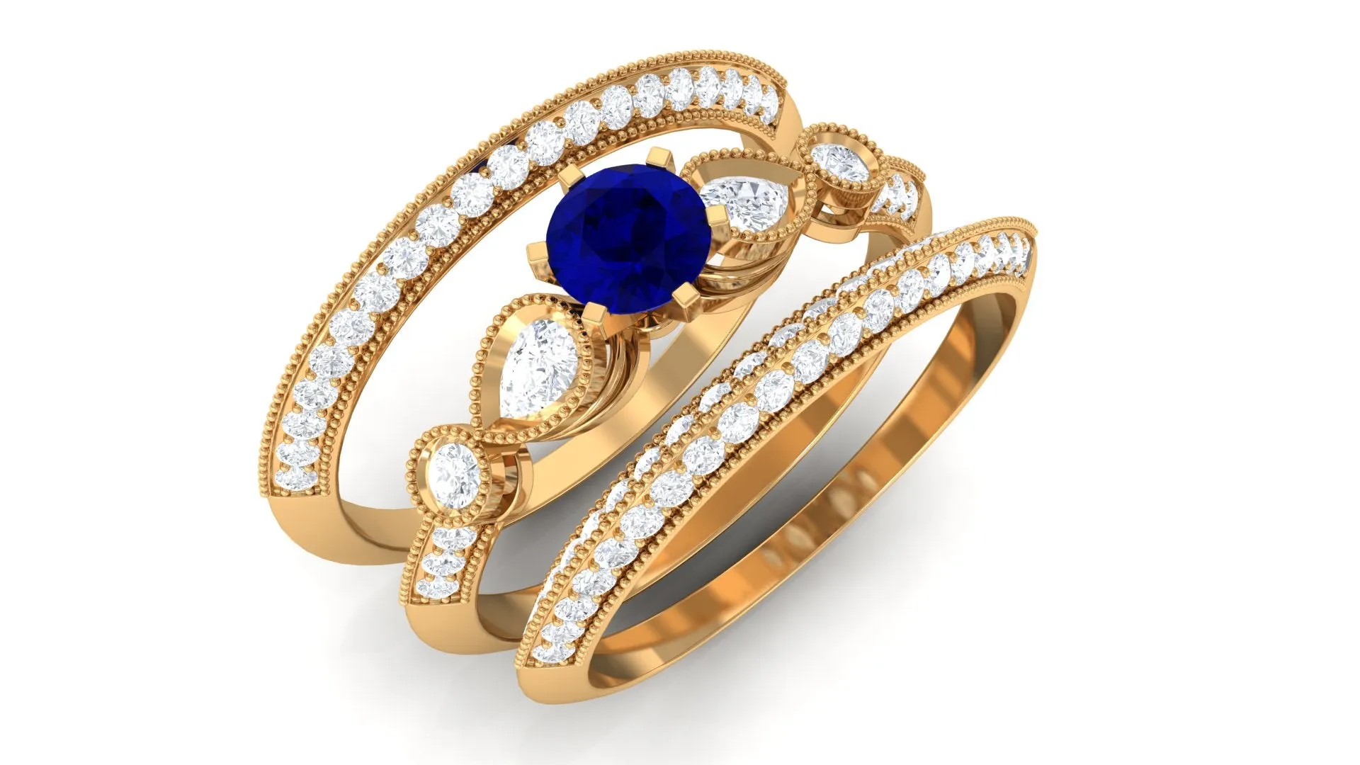 Real Blue Sapphire and Diamond Bridal Ring Set with Beaded Details