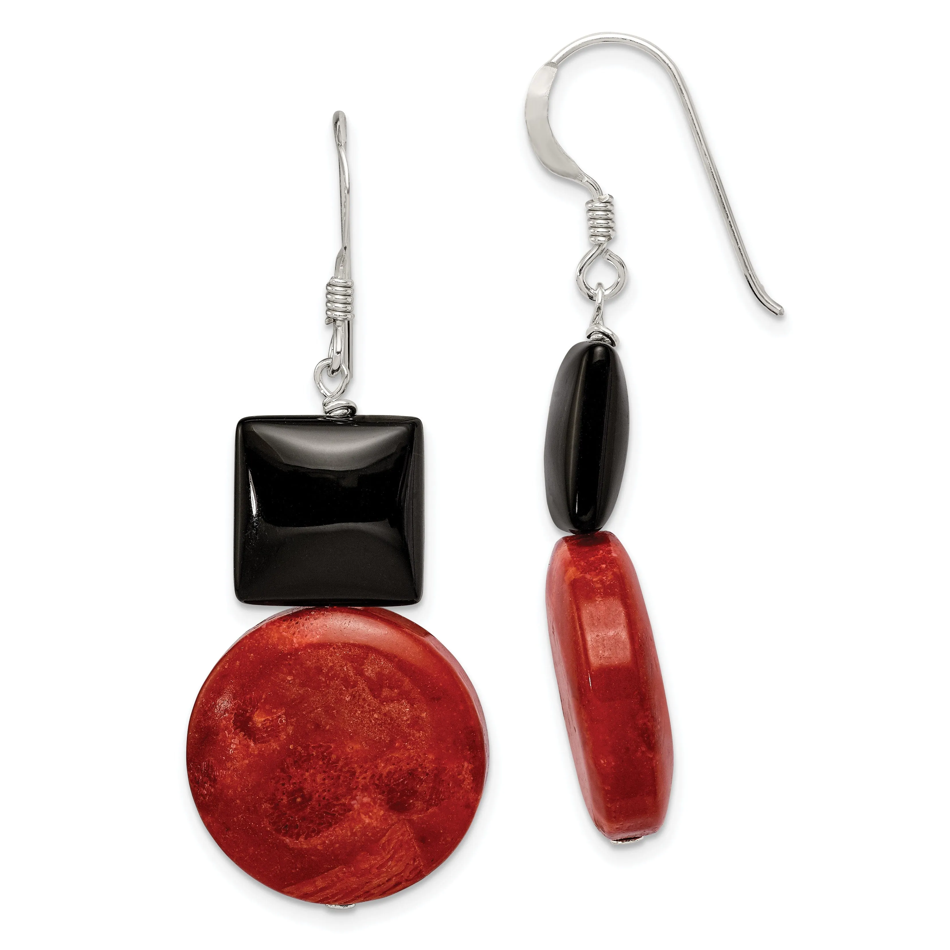 Silver Black Agate Red Coral Dangle Earrings