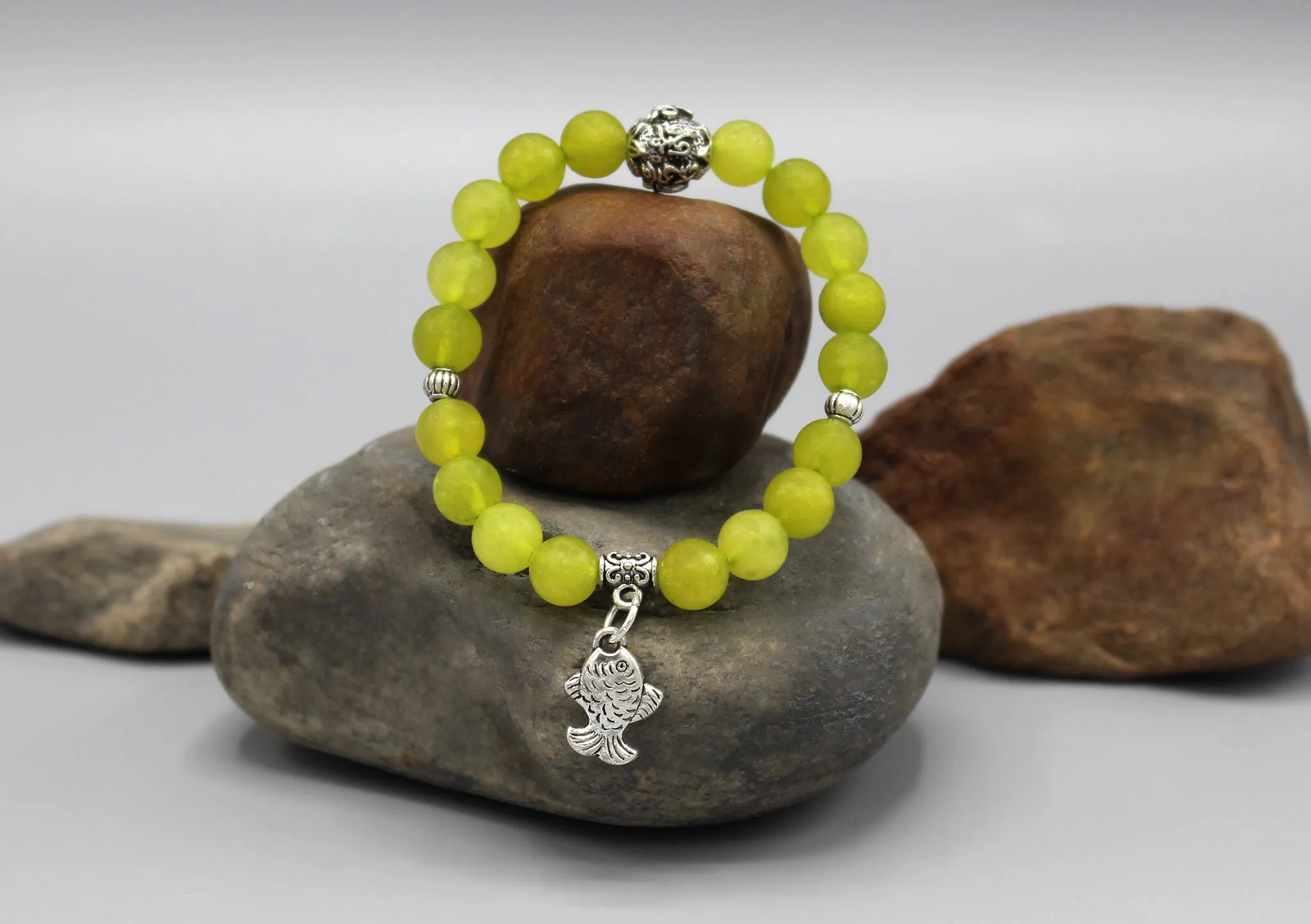 Stone Beaded Women's Bracelet with Fish Charm