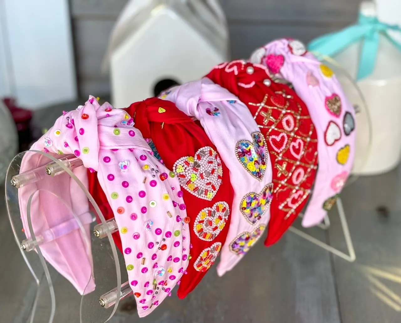 Valentine's Day Sequin Hearts Top Knot Pink Headband