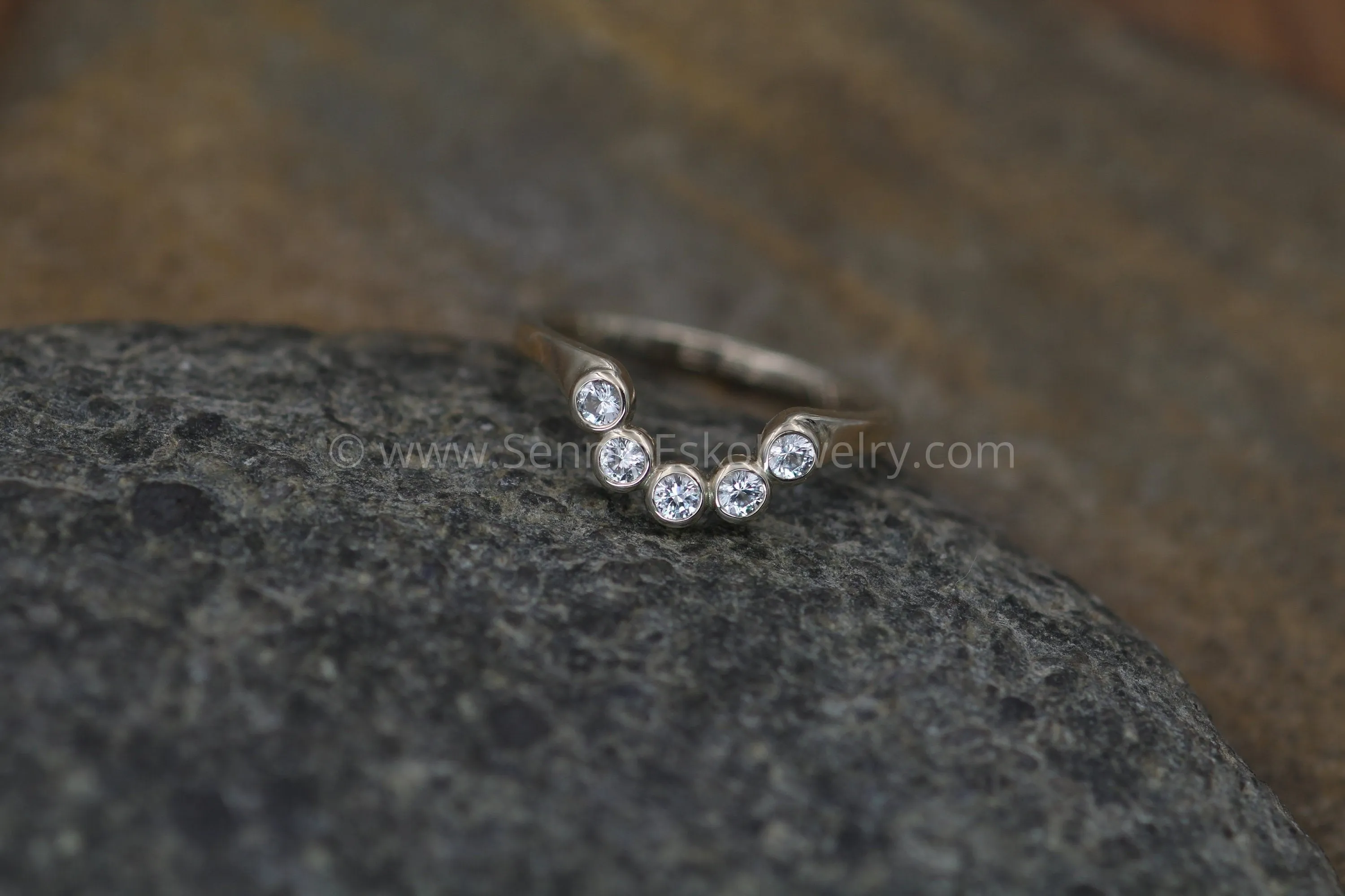 White Sapphire White Gold Half Moon Ring - Sun and Moon Ring - Sapphire Multi Bezel Ring